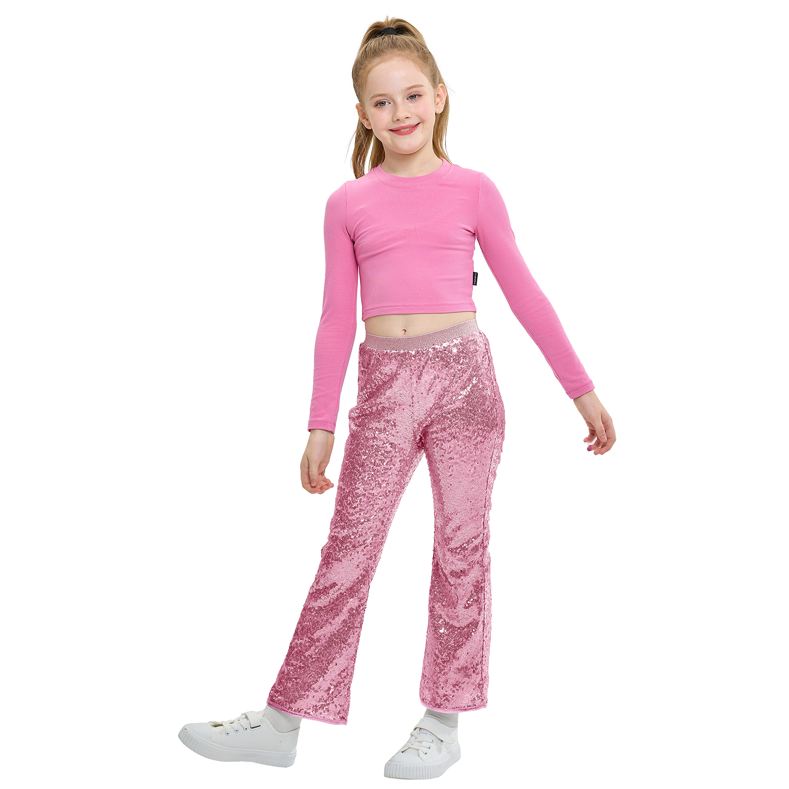 thumbnail video image 2 of LOLANTA Girls Sequin Flare Pants Sparkle Bell Bottoms Kids Elastic Waist Glitter Disco Dance Trousers, 2 of 8