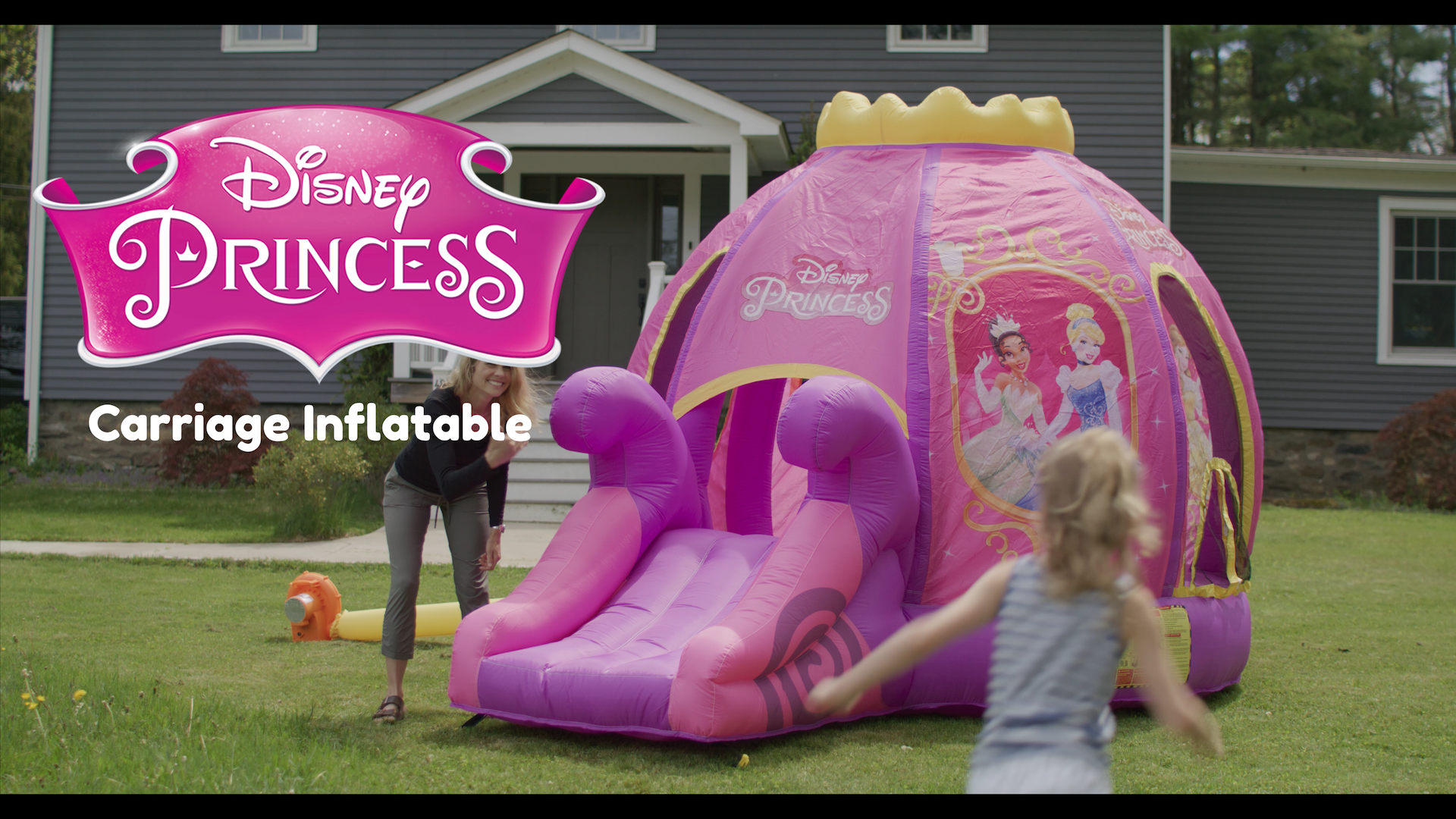 thumbnail video image 2 of Disney Princess Carriage Inflatable Outdoor Bounce House with Slide and Ball Pit - Plus Heavy Duty Air Blower with GFCI - Kids Aged 3-8, 2 of 7