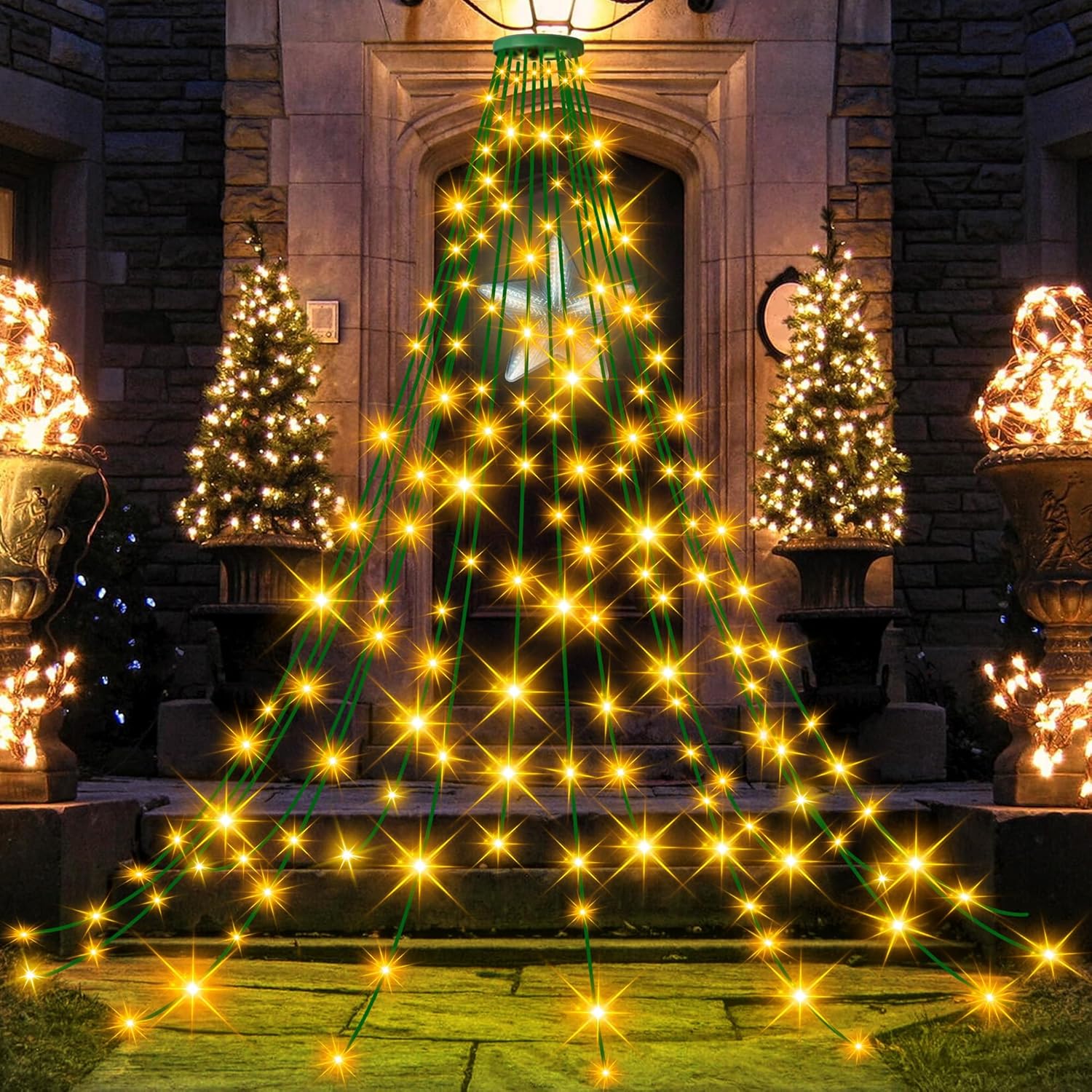 thumbnail video image 2 of Cascading Twinkle Lights for Christmas Tree, Christmas Tree Waterfall Lights, Cascading Tree Twinkle Fairy Lights Warm White Silver Wire, 8 Modes, 2 of 7