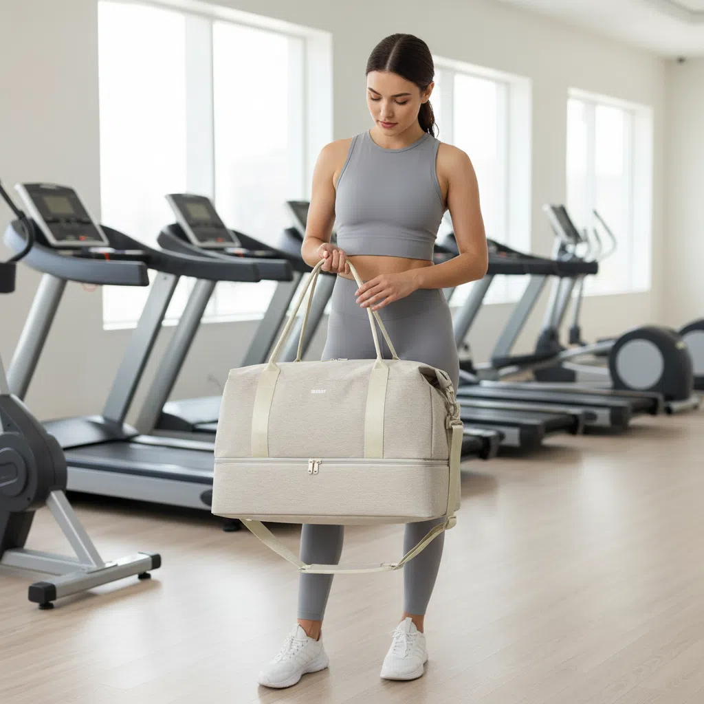 thumbnail video image 2 of SportsNew Business Travel Bag with  Shoe Compartment  and Wet Pocket ,TSA Carry on Personal Item Bag  18x14x8 , Laptop Bag with USB Charging Port, Gym Tote Bag with Strip for Women(Beige Bag), 2 of 9