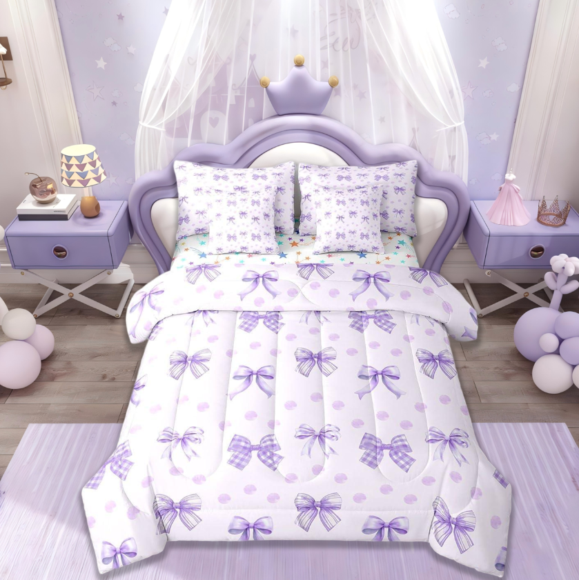 thumbnail video image 2 of Manfei Girls Purple Bow 7-Piece Bedding Comforter Set,Girly Cute Dot Bowknot King Bedding Sets For Girls,Princess Bow-Tie Reversible, 2 of 10