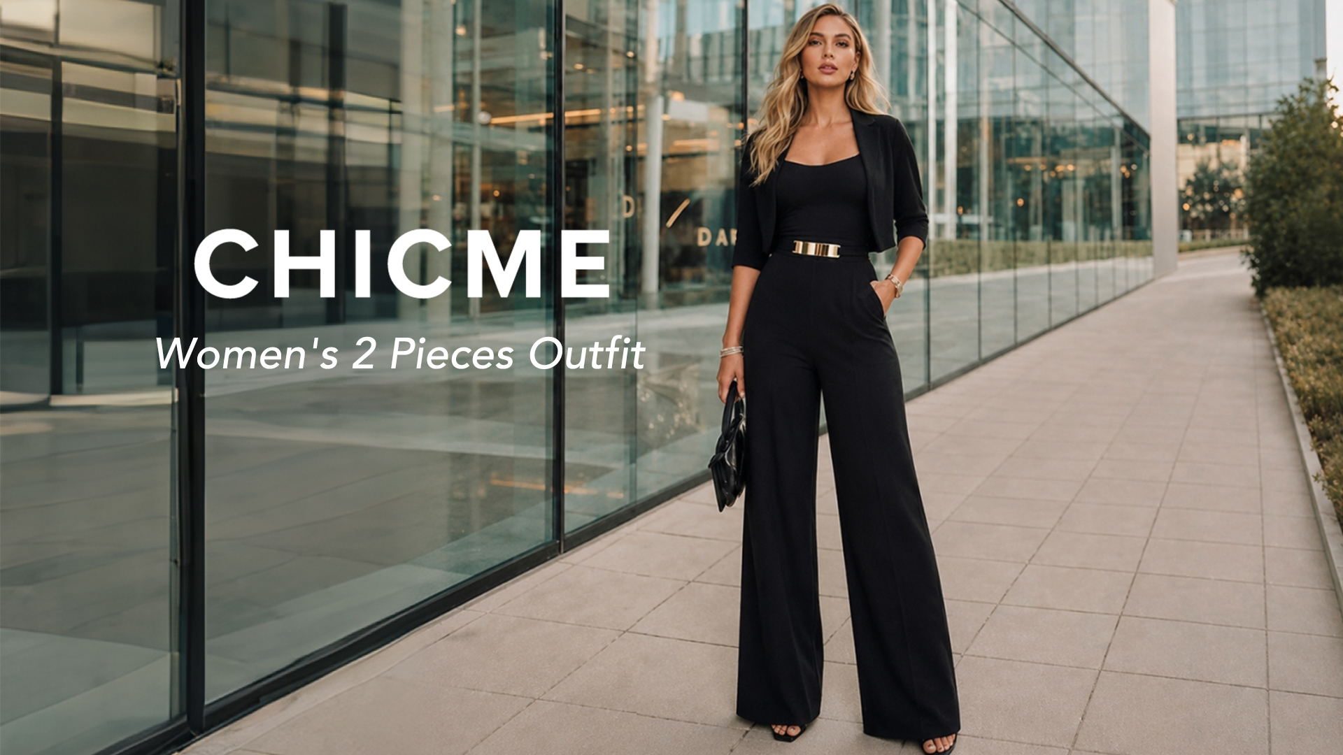 thumbnail video image 2 of CHICME Two Piece Sets for Women Waist Metal Decor Jumpsuits with Long Sleeve Crop Coat Casual Matching Set Fall Outfits Black-L, 2 of 9