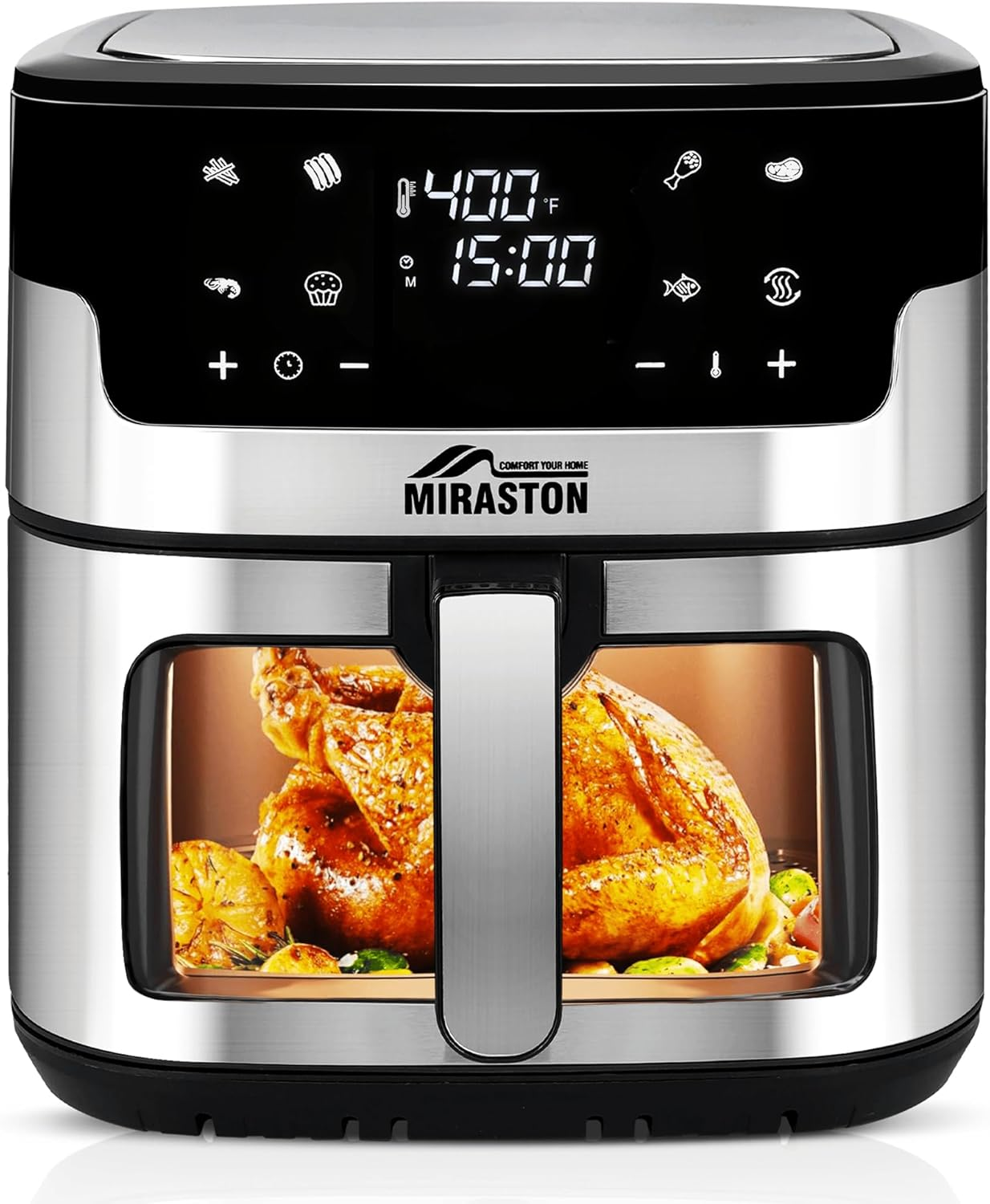 thumbnail video image 2 of MIRASTON 8.5-Quart Air Fryer, 8 Preset Touchscreen, Dishwasher-Safe Basket, Stainless Steel, 2 of 7