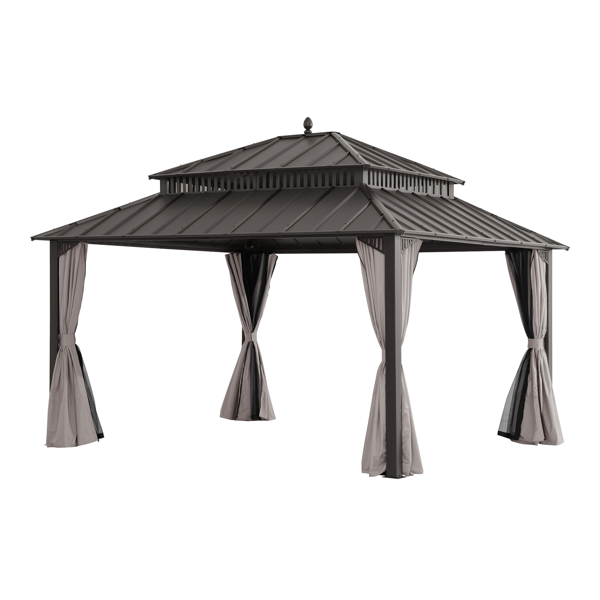 thumbnail video image 2 of Sunjoy 14x12 Outdoor Gazebo Steel Hardtop with Curtain and Netting - Brown Aluminum Posts, Kingston Serices, 2 of 18
