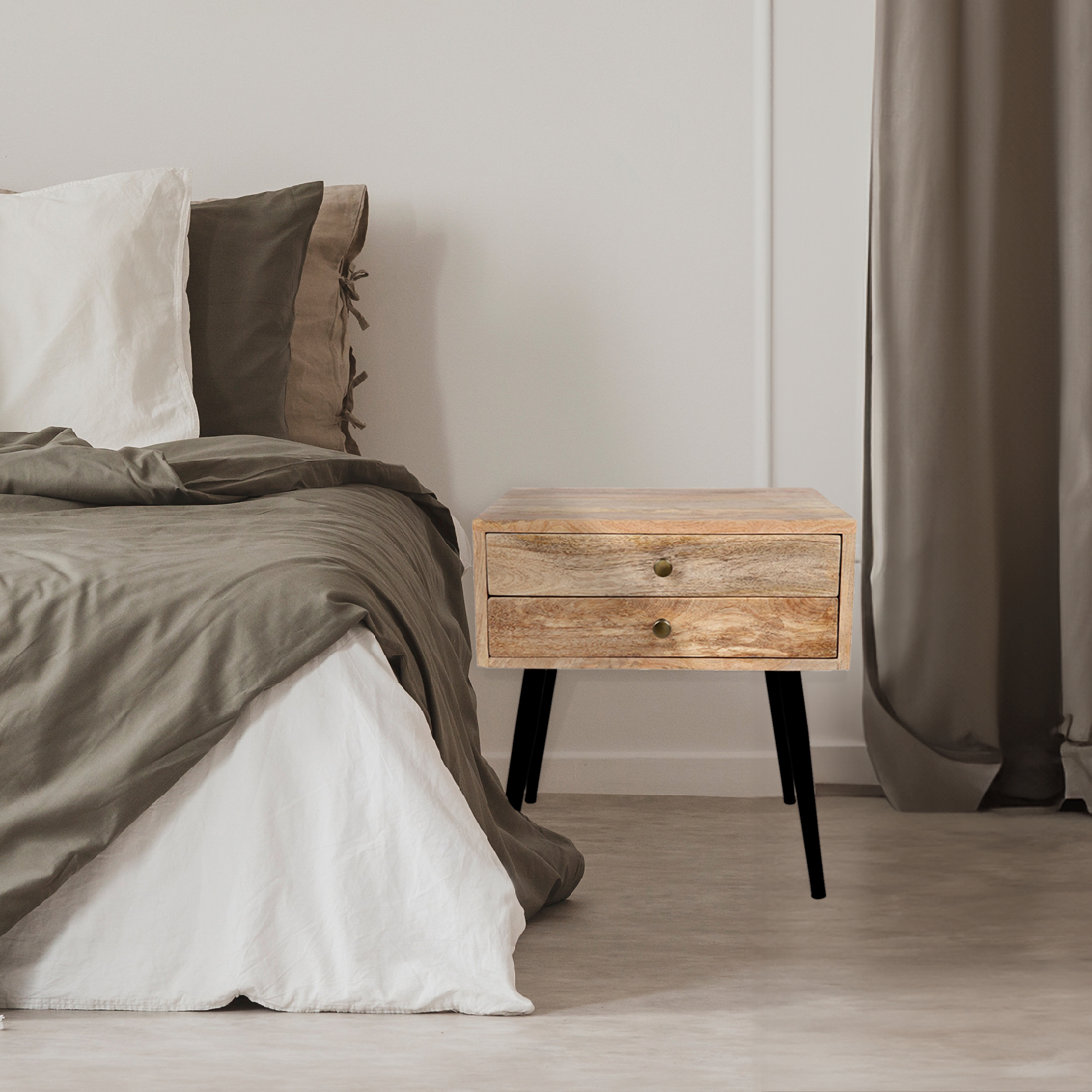 thumbnail video image 2 of Verdant 2 -Drawer Side Table - 22"H Mid-Century Modern Mango Wood Nightstand, Handcrafted for Bedroom, Living Room, or Office, Walnut Finish, 2 of 9