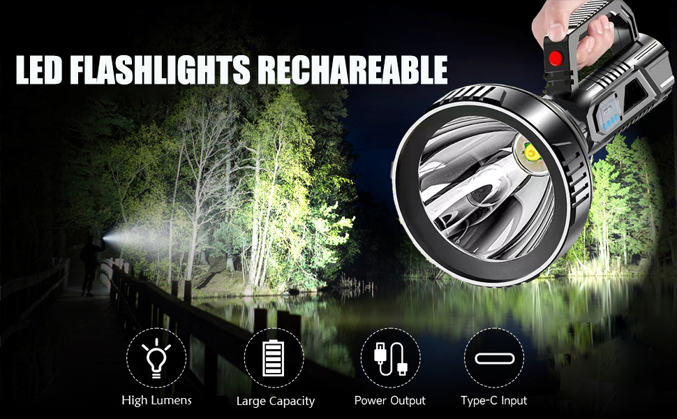 thumbnail video image 2 of Super Bright LED Torch, LED Rechargeable Handheld Searchlight, 10W 800mAh Big Spotlight Flashlight, Heavy Duty Searchlight High Power Camping Torch Lantern Waterproof black, 2 of 7