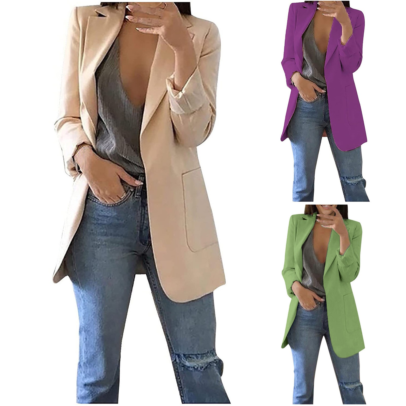 thumbnail video image 2 of WREESH Womens Fashion 2025 Bussiness Casual Blazers Open Front Long Sleeve Work Office Blazer Jacket Solid Suit Jacket with Pockets Khaki, 2 of 7