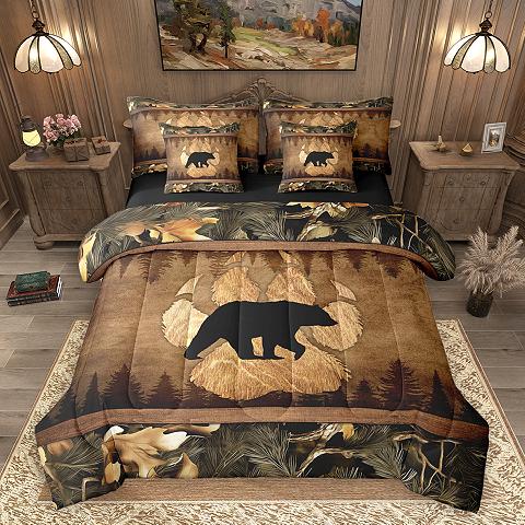 thumbnail video image 2 of Homewish Wild Animal Bear 7-Piece Twin Bedding Sets,Tropical Botanical Pine Tree Bedding Comforter Set,Tan Black Sheet Sets For Adults,Breathable Home Decor Reversible, 2 of 9