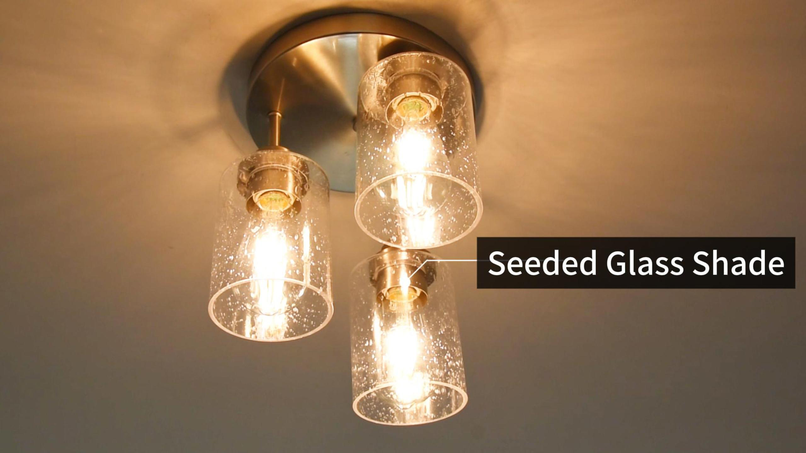 thumbnail video image 2 of Hlite 3-Light Brushed Nickle Flush Mount Ceiling Light with Seeded Clear Glass Shade for Bedroom, Kitchen, Living Room, Entryway Lighting, 2 of 13