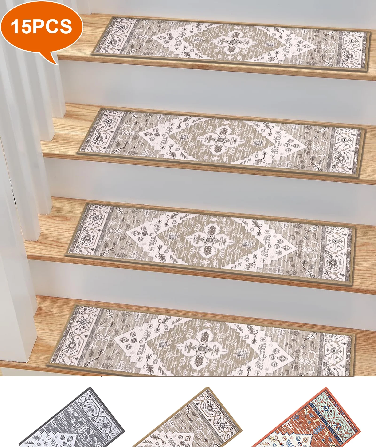 thumbnail video image 2 of Non Slip Stair Treads for Wooden Steps, Yamaziot 15Pcs Indoor Carpet Stair Runners for Kids Elders & Pets, 8" x 30" Anti Skid Reusable Adhesive Boho Staircase Step Treads, 2 of 9