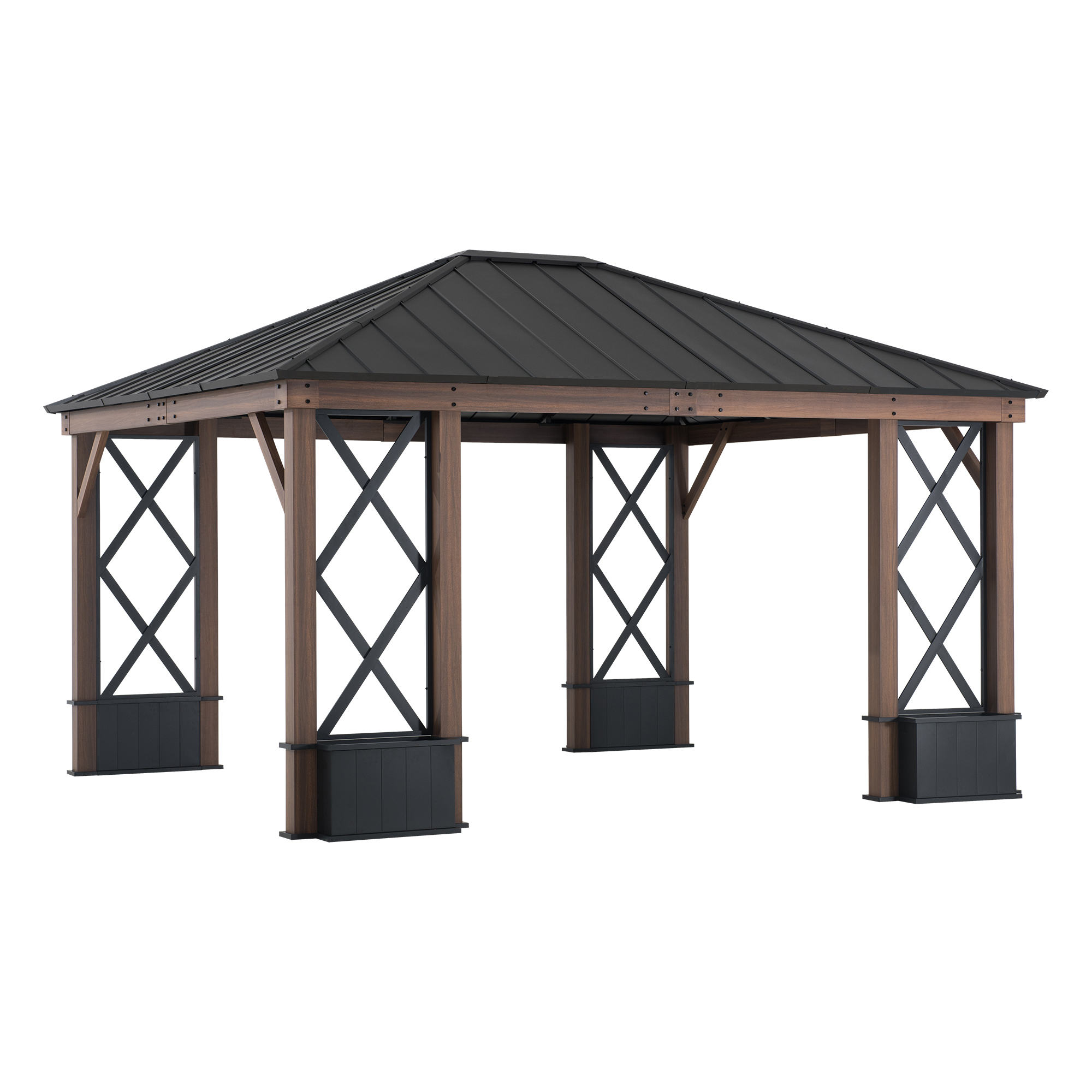 thumbnail video image 2 of Sunjoy 13 ft. x 15 ft. Hardtop Gazebo, Outdoor Black Steel Roof Gazebo Aluminum Framed Gazebo with Planters and Ceiling Hook for Patio, Garden, and Backyard Activities, 2 of 10
