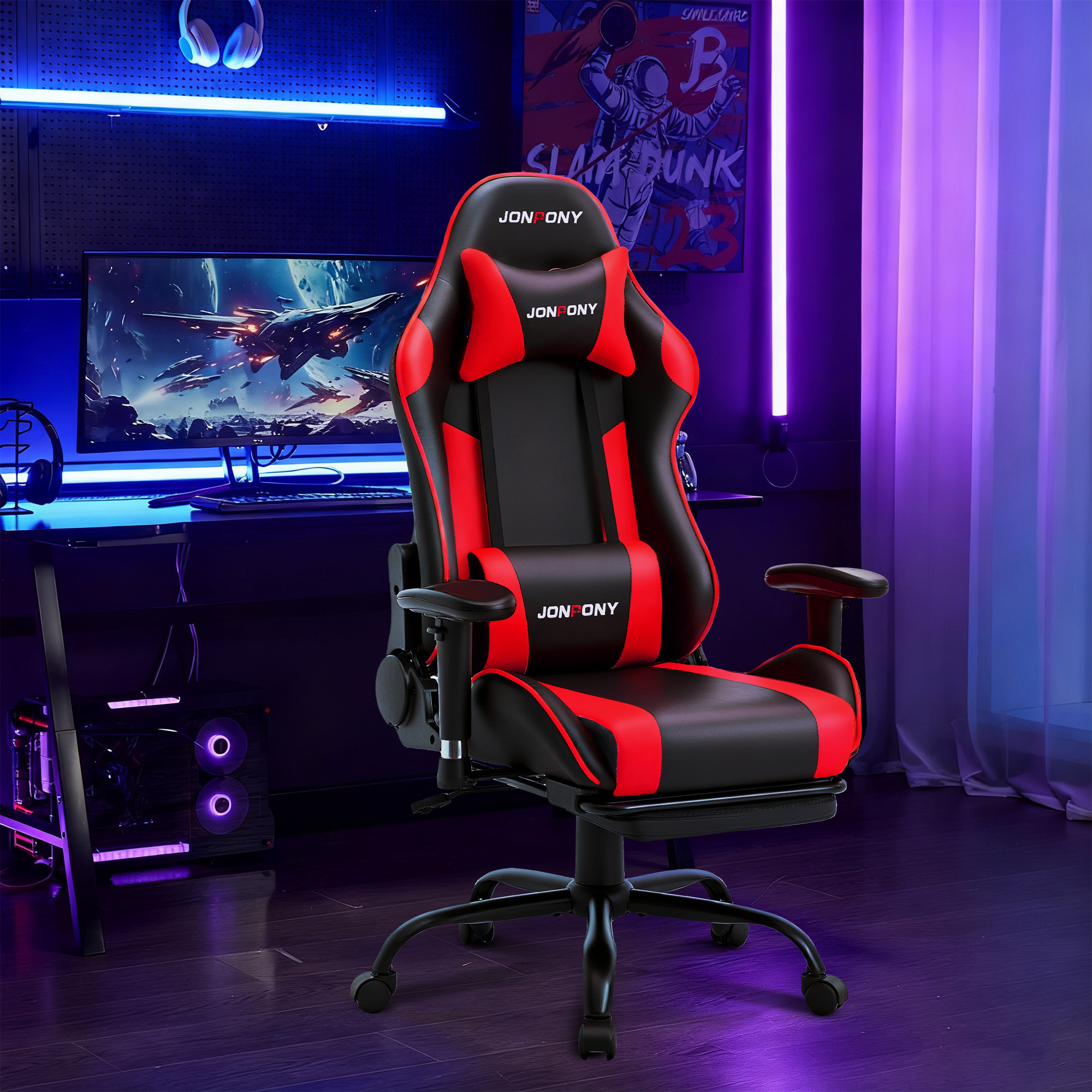 thumbnail video image 2 of JONPONY Game Chair,Ergonomically Designed Computer Chair with headrest and 2D Armrests,with Footrest and Lumbar Support,High Back Office Chair Support 8 Hours Long Sitting,Computer Chair,RED, 2 of 9