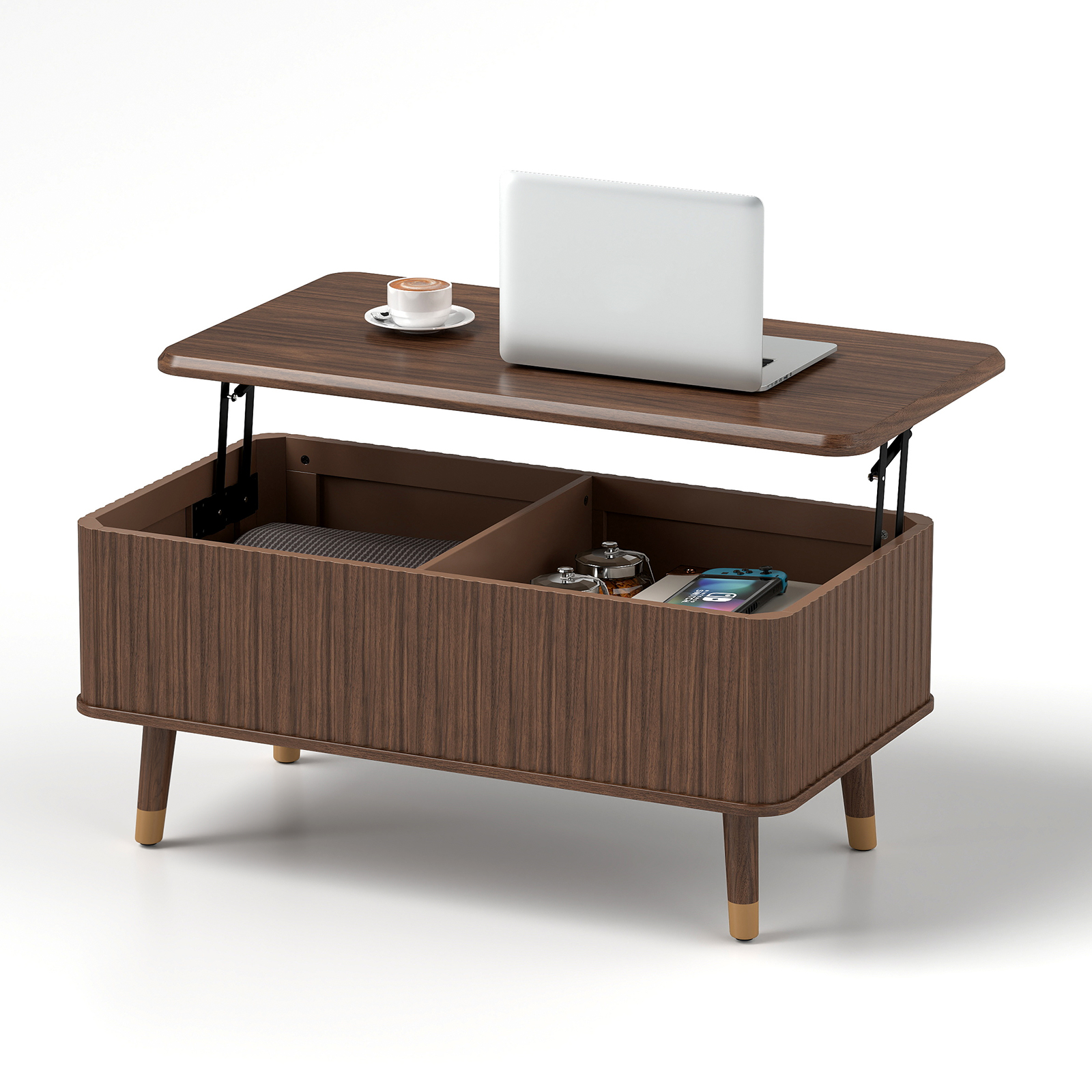 thumbnail video image 2 of JOINICE Lift Top Coffee Table with Storage,Mid Century Modern Fluted Rectangle Center Table for Living Room,Walnut, 2 of 10