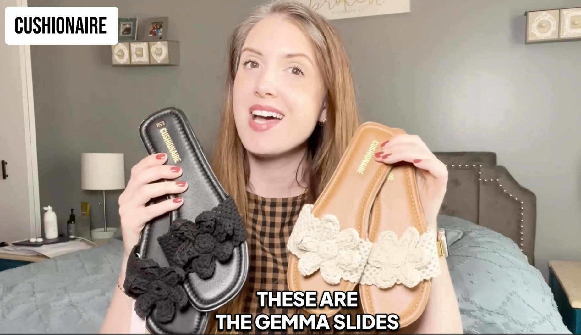 thumbnail video image 2 of Cushionaire Gemma Knit Flat Slides for Women, Square Toe Sandals with Woven Flower Detail and Memory Foam, 2 of 19