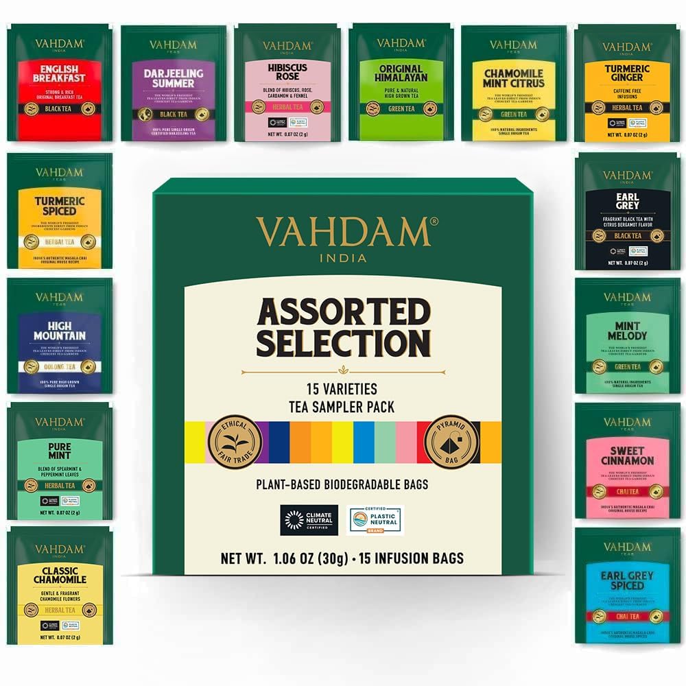 thumbnail video image 2 of VAHDAM, Assorted Tea Sampler (15 Different Variety in Individually Wrapped Pyramid Tea Bags) Long Leaf Premium Teas I Teas Gift Set I Ideas for Tea Lovers | Gifts for Women & Men, 2 of 9