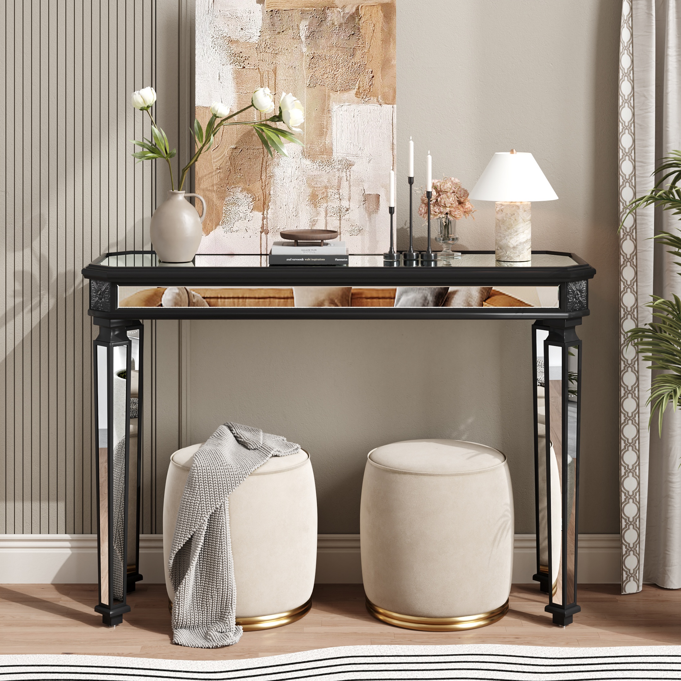 thumbnail video image 2 of Atumcto Mirror Console Table with Vintage Wood Grain Carving, Elegant Entryway Sofa Table for Living Room, 2 of 10