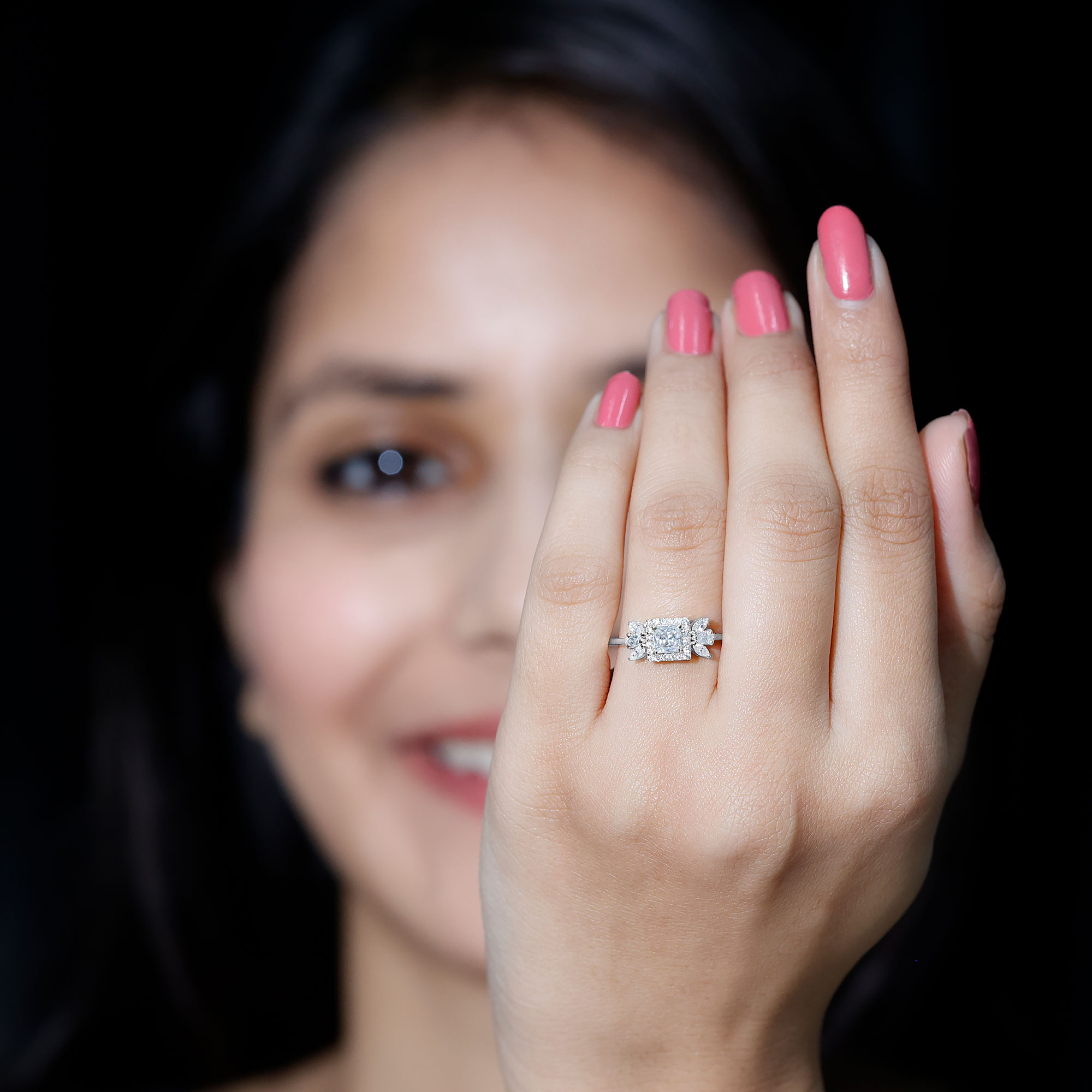 thumbnail video image 2 of Rosec Jewels Moissanite Princess Cut Engagement Ring for Women - Designer Halo Ring - D-VS1 Quality, 14K White Gold, US 4.00, 2 of 8