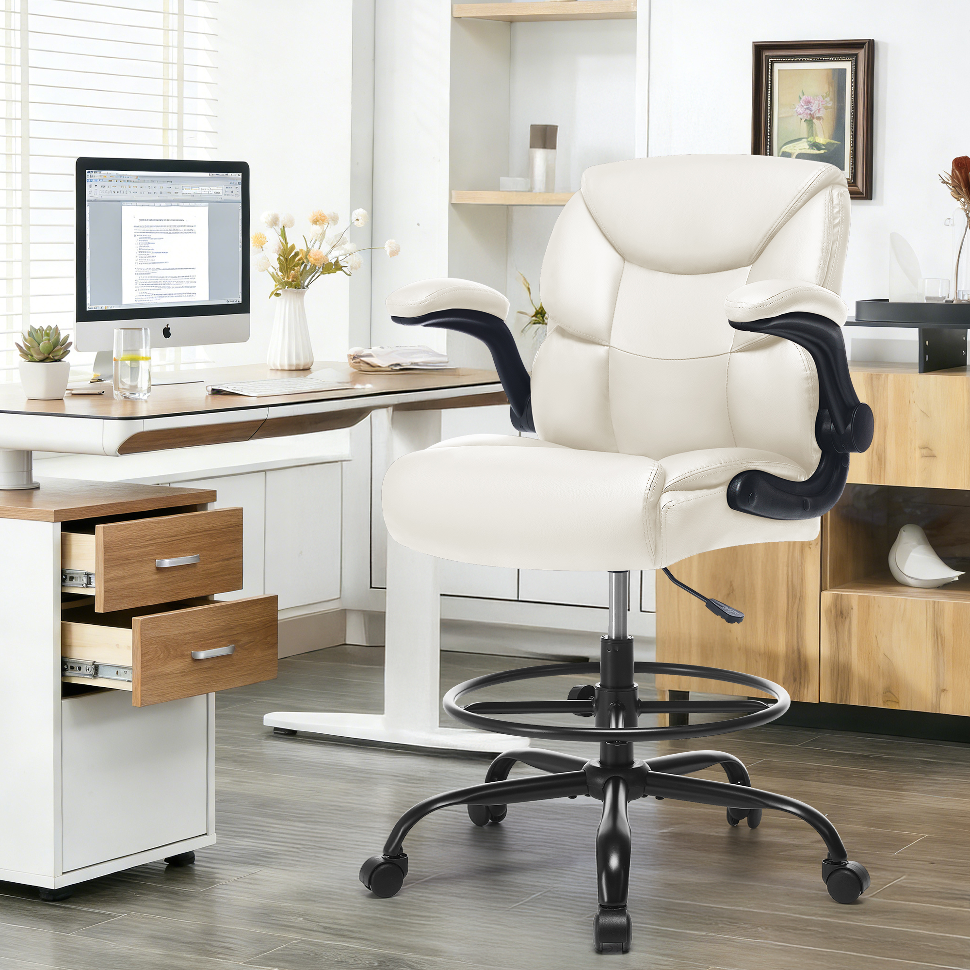 thumbnail video image 2 of JONPONY Tall Office Chair for Standing Desk, Ergonomic High Leather Executive Office Chair with Flip-up Armrest,and Adjustable Foot Ring for Counter Height Desk,Beige, 2 of 12