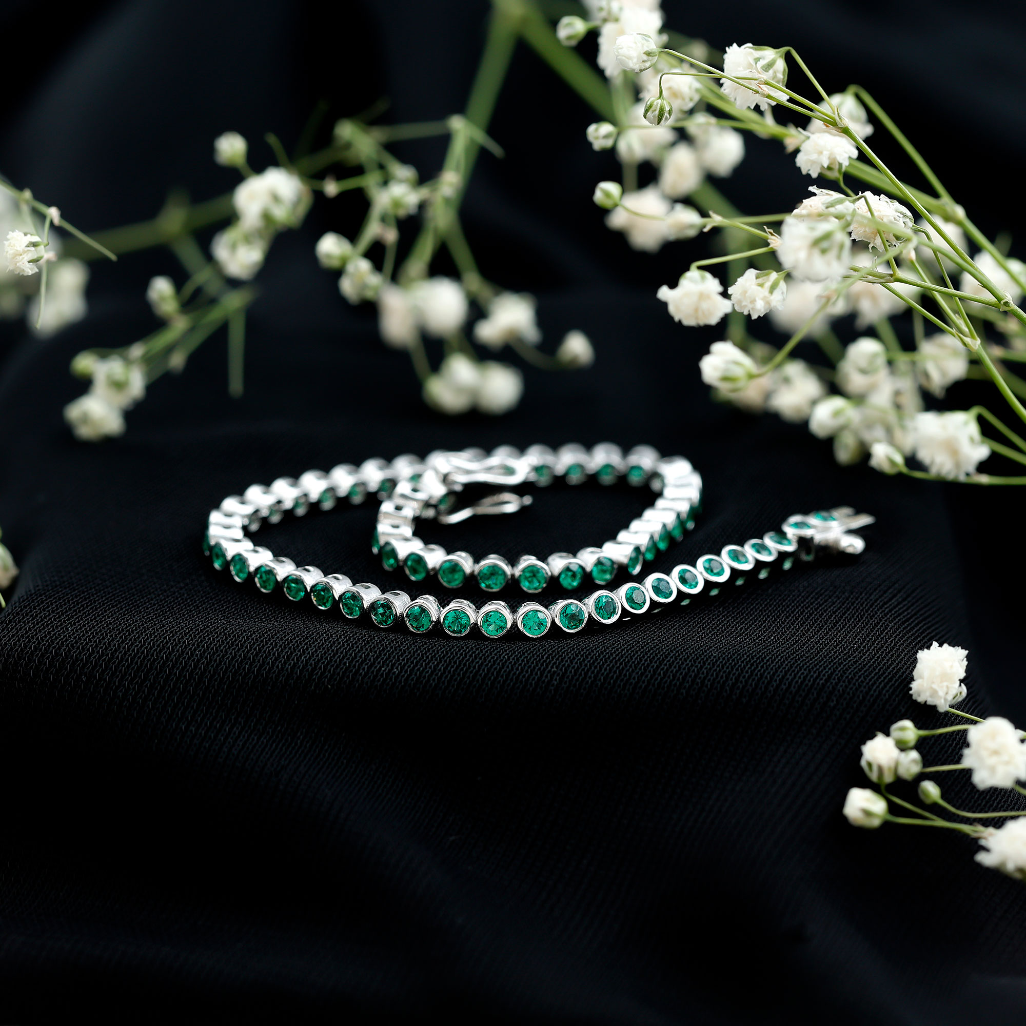 thumbnail video image 2 of Round Lab Grown Emerald Tennis Bracelet for Women (AAAA Quality), 18K Yellow Gold, 2 of 9