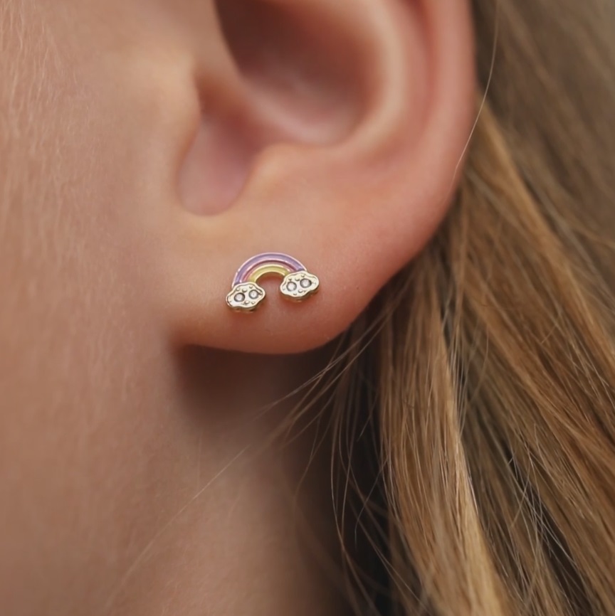 thumbnail video image 2 of 14k Gold Rainbow Toddler / Kids / Girls Earrings Safety Screw Back Enamel, 2 of 6