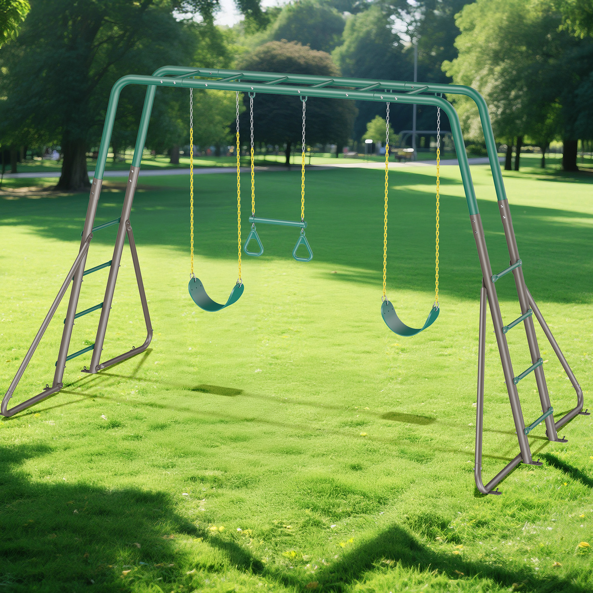 thumbnail video image 2 of KloKick Metal Outdoor Playground Swing Set with Monkey Bars, 2 Belt Swings, Trapeze Bar & Ladder | Backyard Playset for Kids, 2 of 10