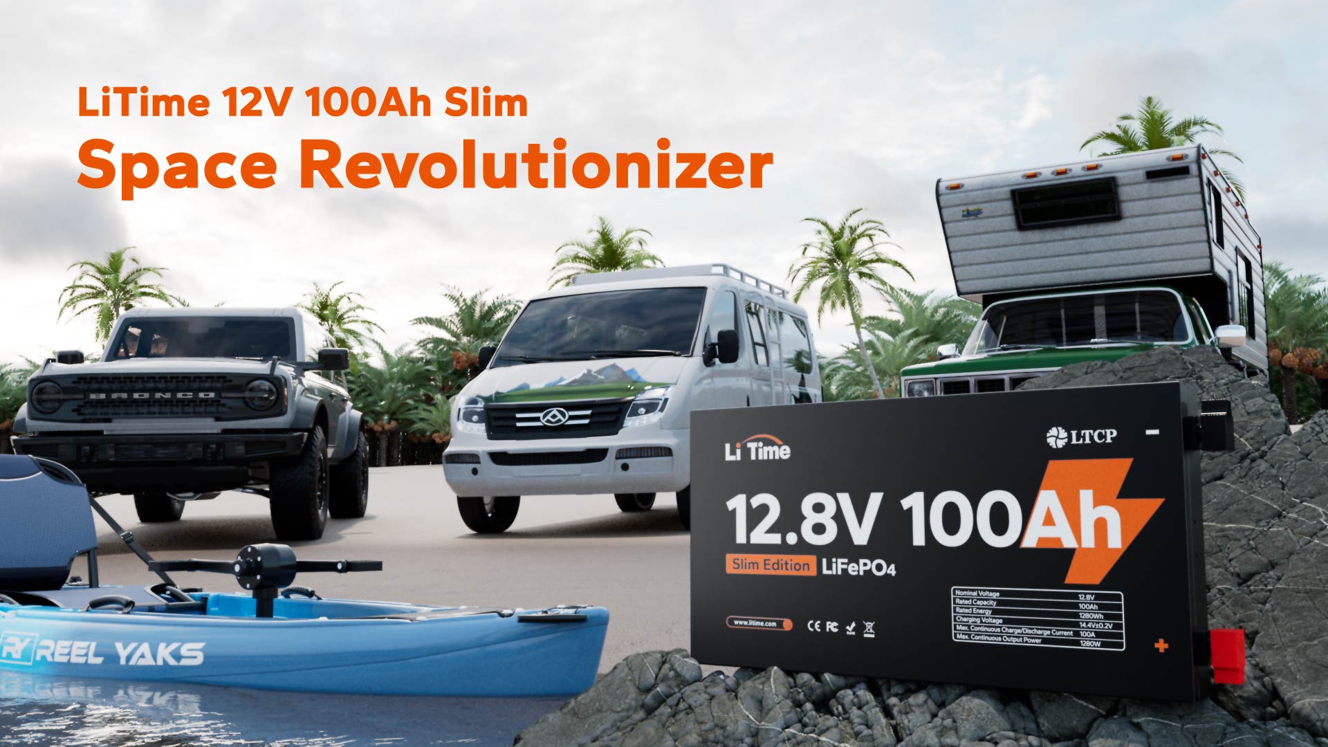LiTime 12V 100Ah Slim Lithium LiFePO4 Battery, 2.36" Ultra-Thin Deep ...