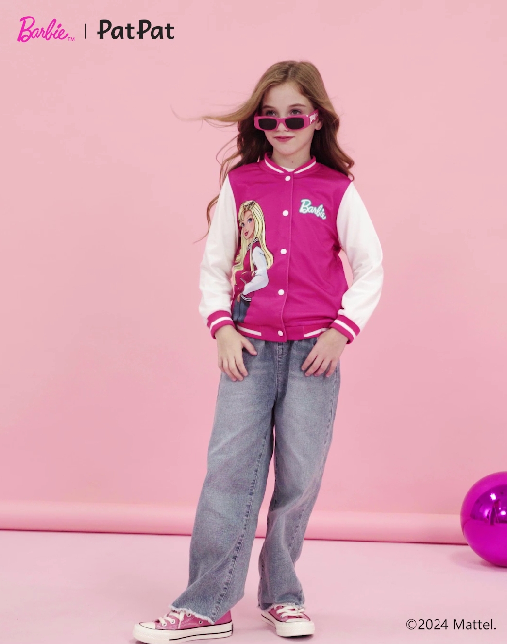 thumbnail video image 2 of Barbie Girls Bomber Jacket Graphic and Letter Print Colorblock Lightweight Sweatshirt Varsity Jacket Gift Sizes 3-10, 2 of 13