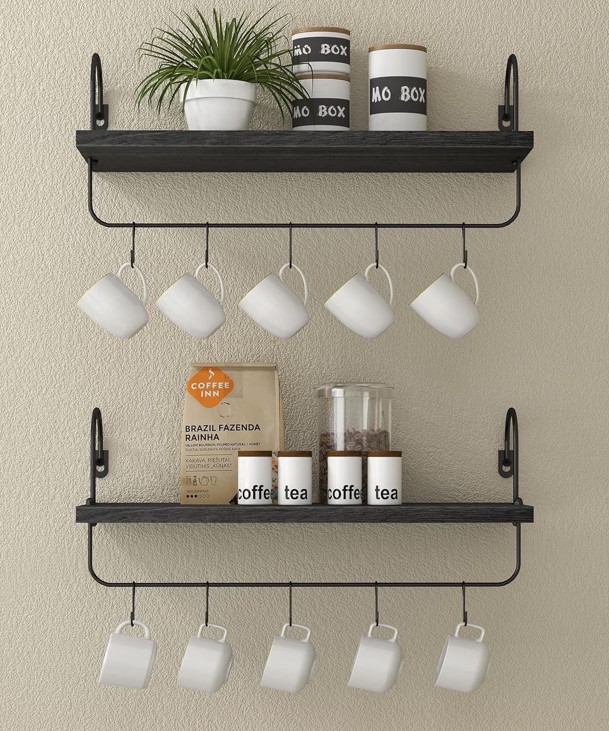 thumbnail video image 2 of Afuly Coffee Mug Holder Wall Mount, Farmhouse Coffee Bar Shelf with Hooks, Solid Wood Cup Organizer and Coffee Station Rack, Kitchen Decor Accessories, Black Black, 2 of 6