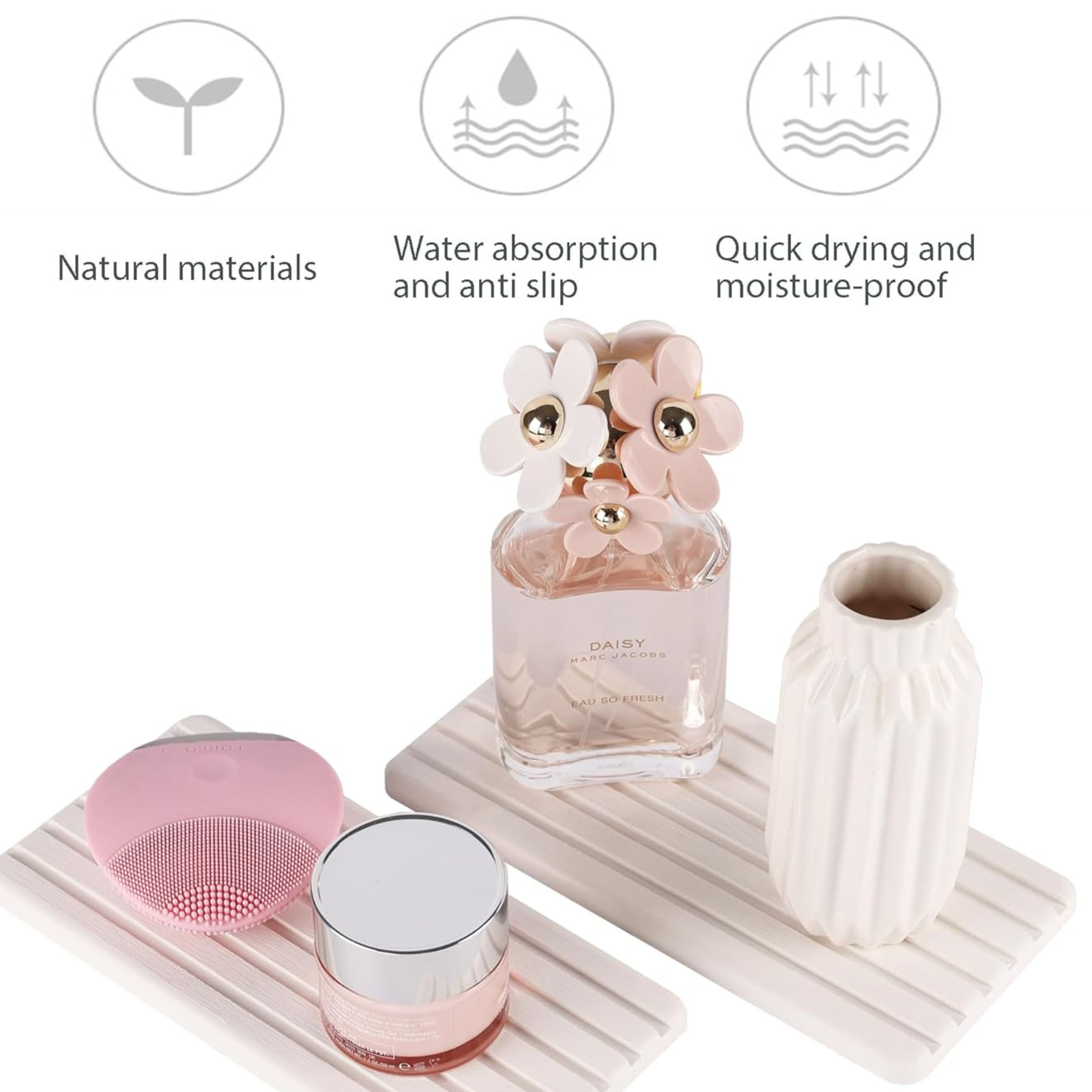 thumbnail video image 2 of Pack of 2 Water Absorbent Diatomite Drying Trays – Quick-Dry Stone Coasters with Grooved Design – 21x10 cm Non-Slip Trays for Bathroom, Kitchen, Hand Soaps, Plants & Toiletries, 2 of 13