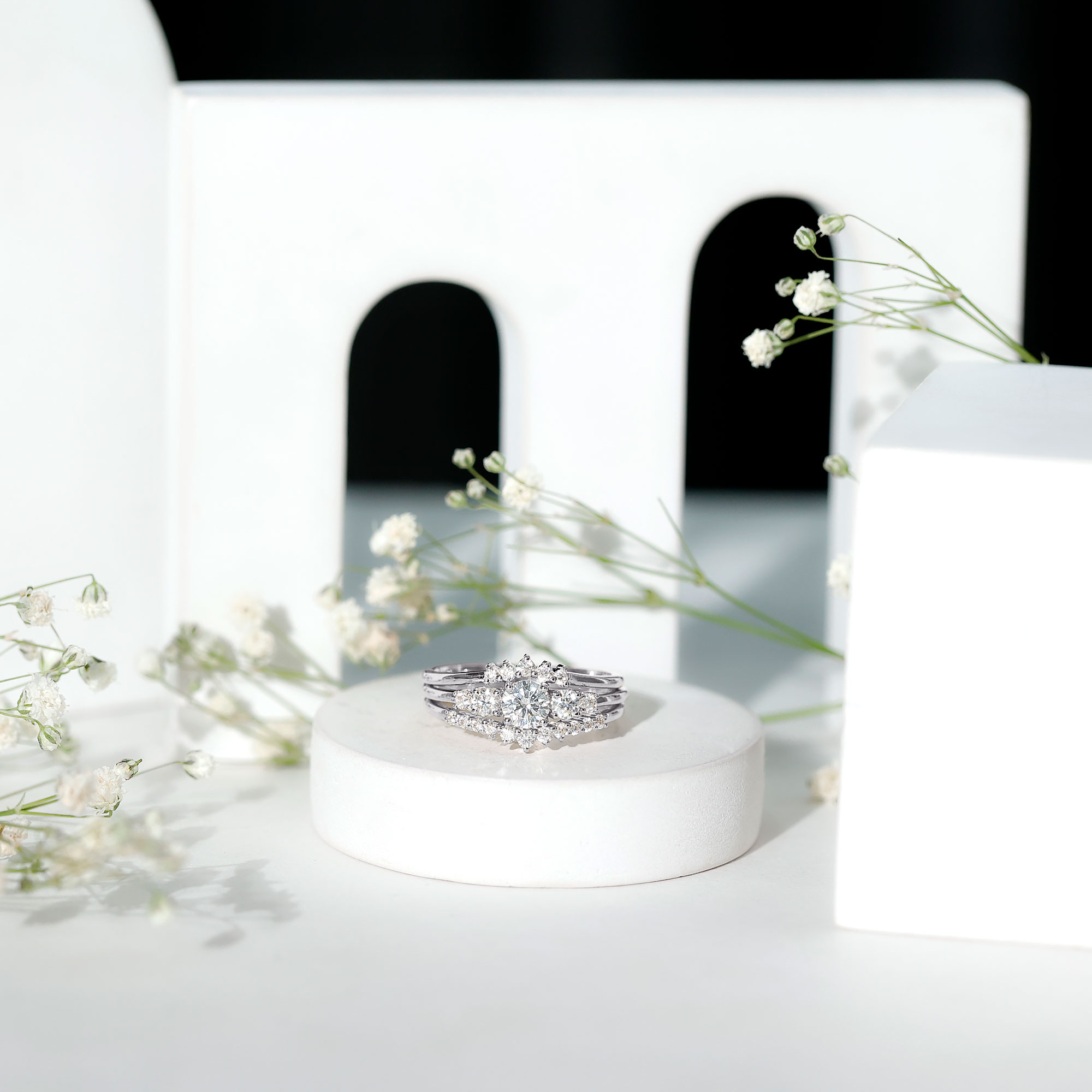 thumbnail video image 2 of Rosec Jewels Moissanite Wedding Ring Set of 3 for Bride - D-VS1 Quality Certified, with Jewelry Box, 18K White Gold, US 12.00, 2 of 8