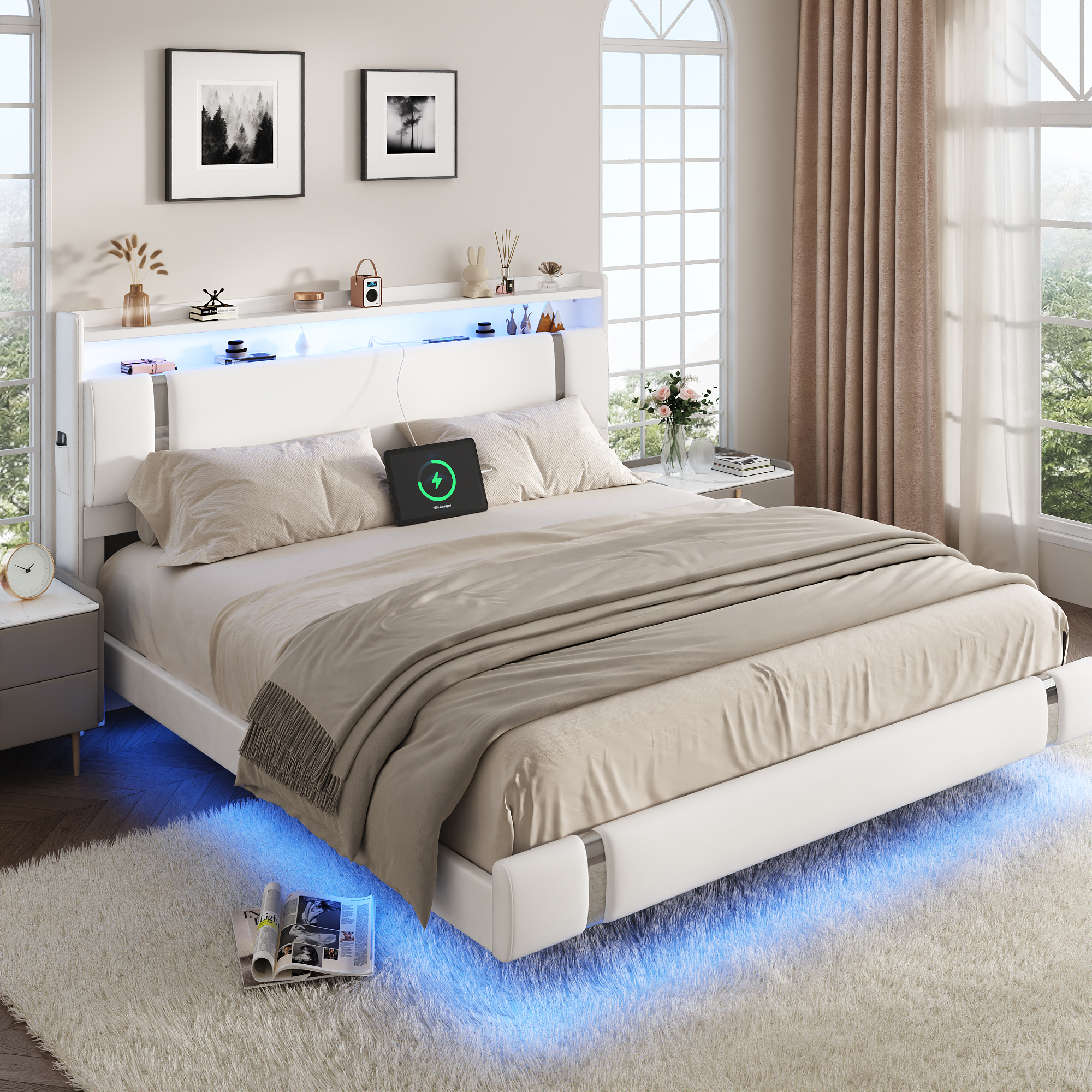 thumbnail video image 2 of NEGYLIM Floating Bed Frame King Size with LED Lights, Easy to Assemble, Metal Platform Bed with Storage Headboard, No Box Spring Needed, White, 2 of 13