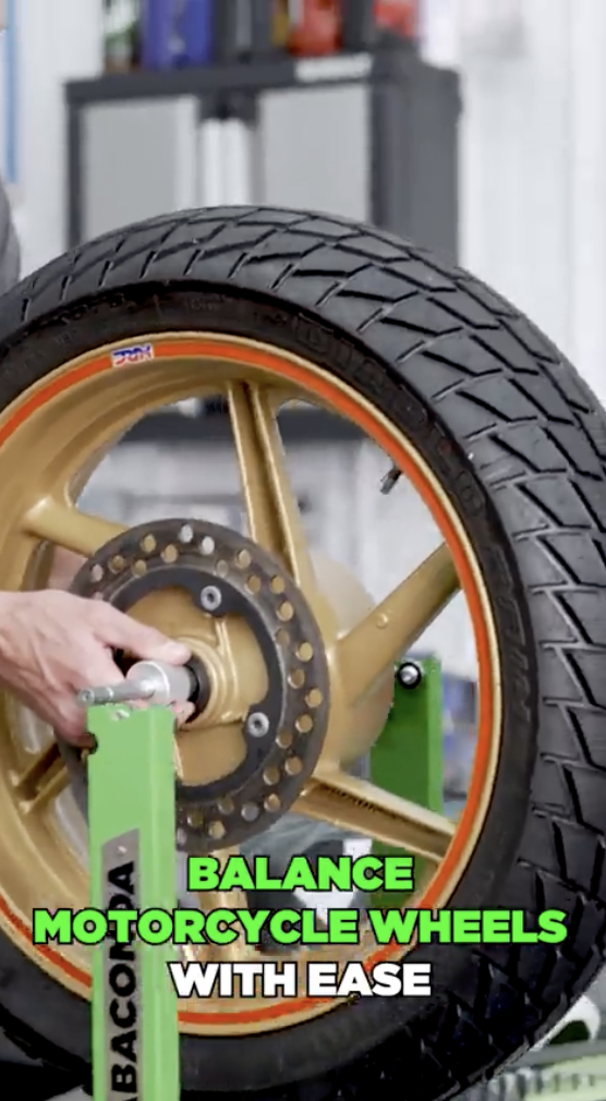 thumbnail video image 2 of Rabaconda Motorcycle Wheel Balancer Stand - Perfect Tire Balance with Bench or Wall Use, 2 of 5