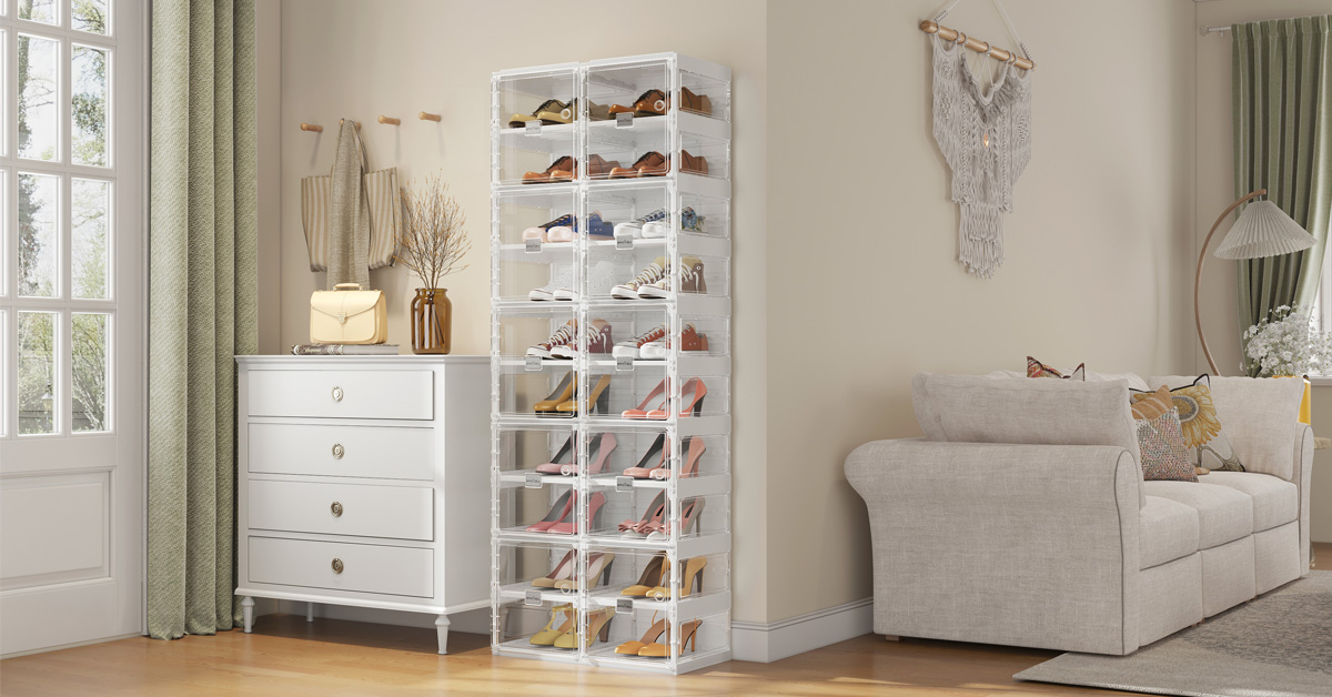 thumbnail video image 2 of BROVIEW Shoe Boxes Clear Thicken Plastic Display Case, Large Collapsible Shoe Rack,Folding Sneaker Box with Clear Doors for Entryway Closet,8 Tier 16 Pair, 2 of 8