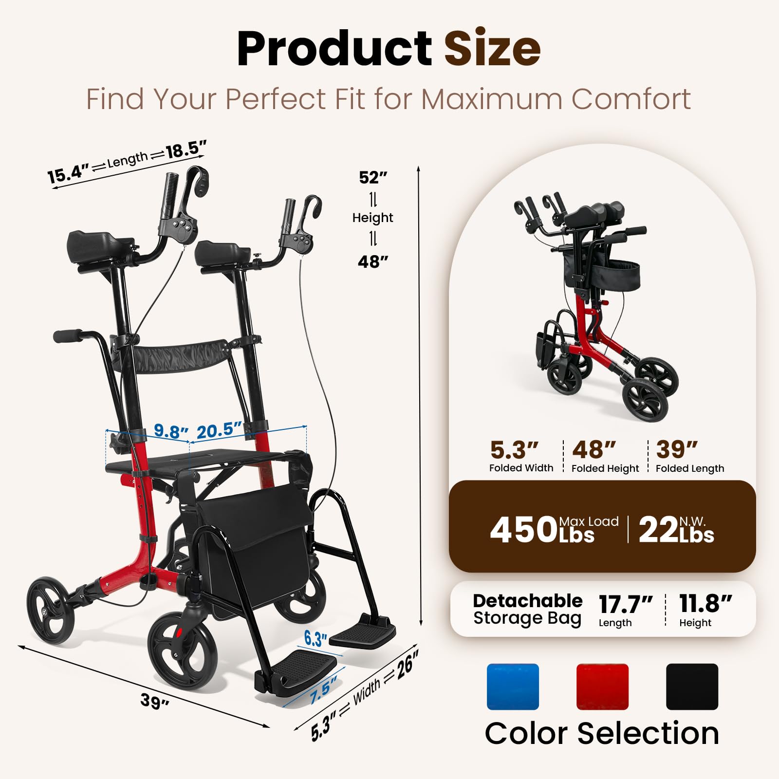 thumbnail video image 2 of All Terrain Upright Walker with Flat-Free Solid Rubber Tires,Outdoor Stand Up Walker for Seniors,Tall Standing Rollator with Seat,450 lb Capacity,22 lbs Lightweight,Foldable Footrest(Blue), 2 of 9