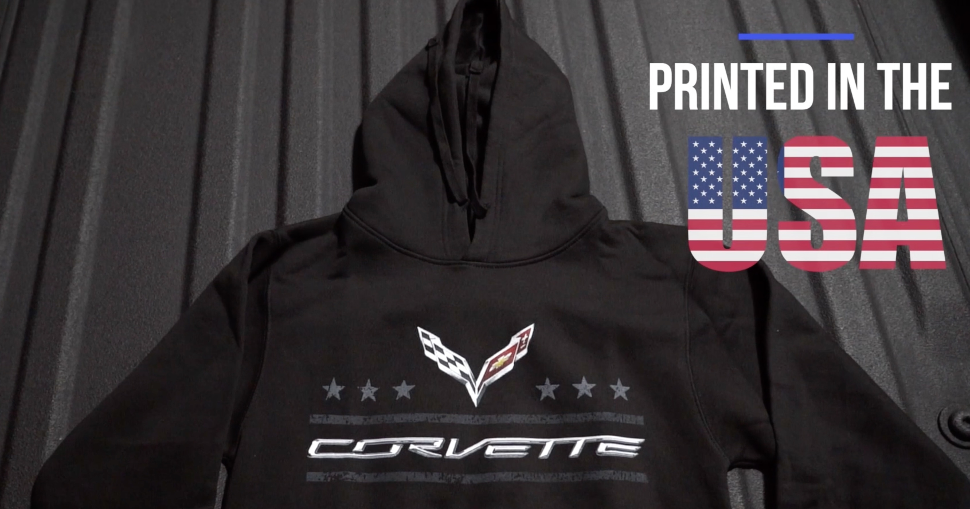 thumbnail video image 2 of JH Design Group Mens Chevy Corvette Hoodie Distressed American Flag 2-Sided Sweatshirt, 2 of 7