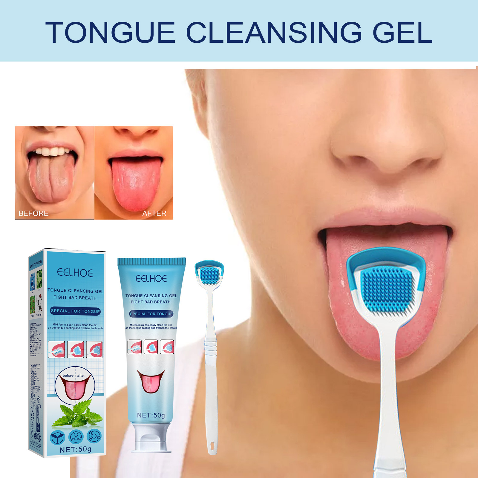 thumbnail video image 2 of 2Sets Tongue Brush & Gel Kit, Tongue Cleaner for Adults, Tongue Scraper to Fight Bad Breath and Halitosis, Mouth Odor Eliminator, Fresh Mint, 2 of 10