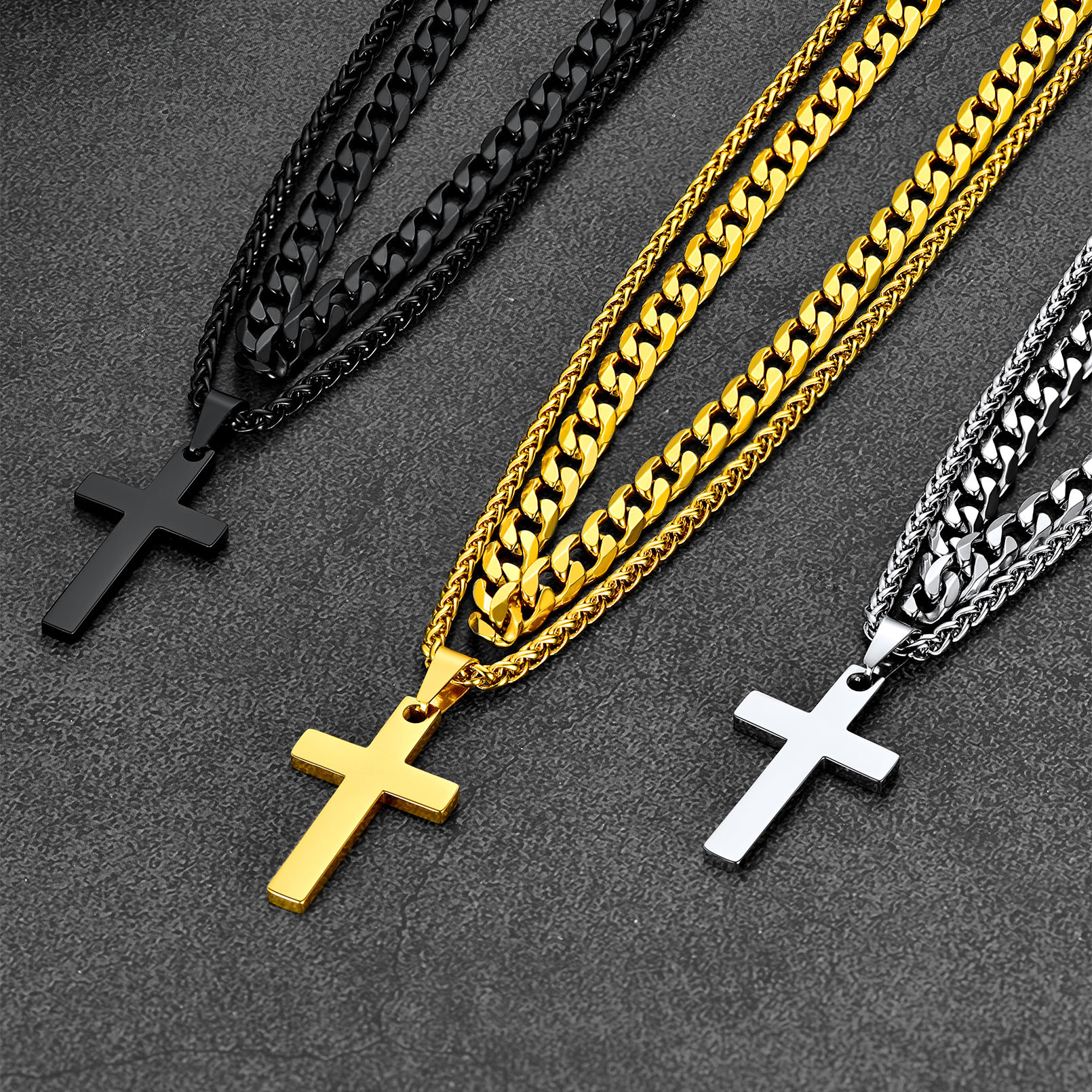 thumbnail video image 2 of FaithHeart Layered Cross Necklace for Men Stainless Steel Cuban Curb Chain Cross Pendant Set Christian Religious Jewelry Birthday Gifts for Dad, 2 of 11