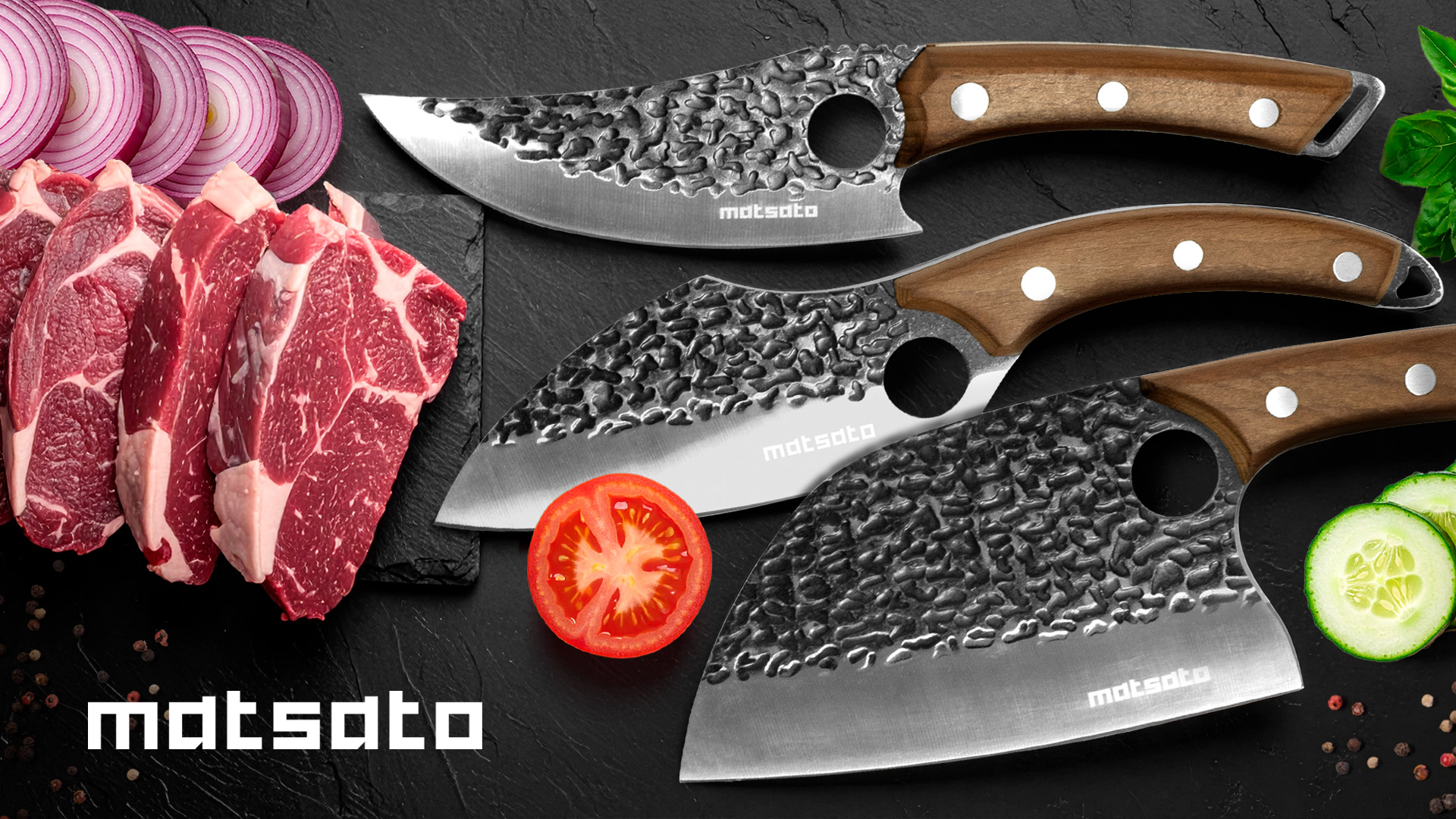 thumbnail video image 2 of Matsato Knives Set – Japanese-Inspired, Stainless Steel Kitchen, Chef & Cleaver Knife Bundle (3 Count), 2 of 7