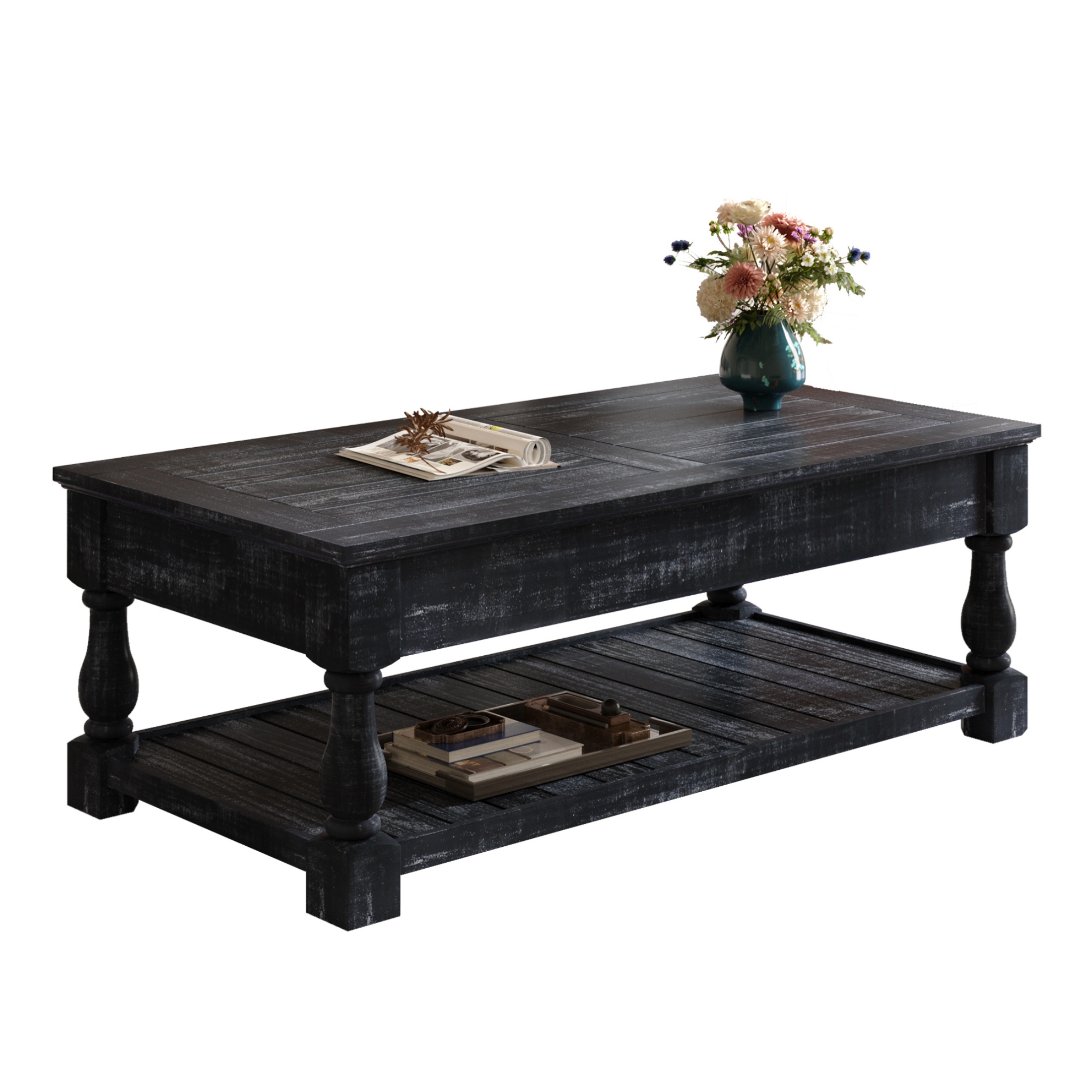 thumbnail video image 2 of Atumcto Farmhouse Lift Top Coffee Table with Storage, 2-Tier Wood Center Table with 3 Hidden Trays, Weathered Black, 2 of 10