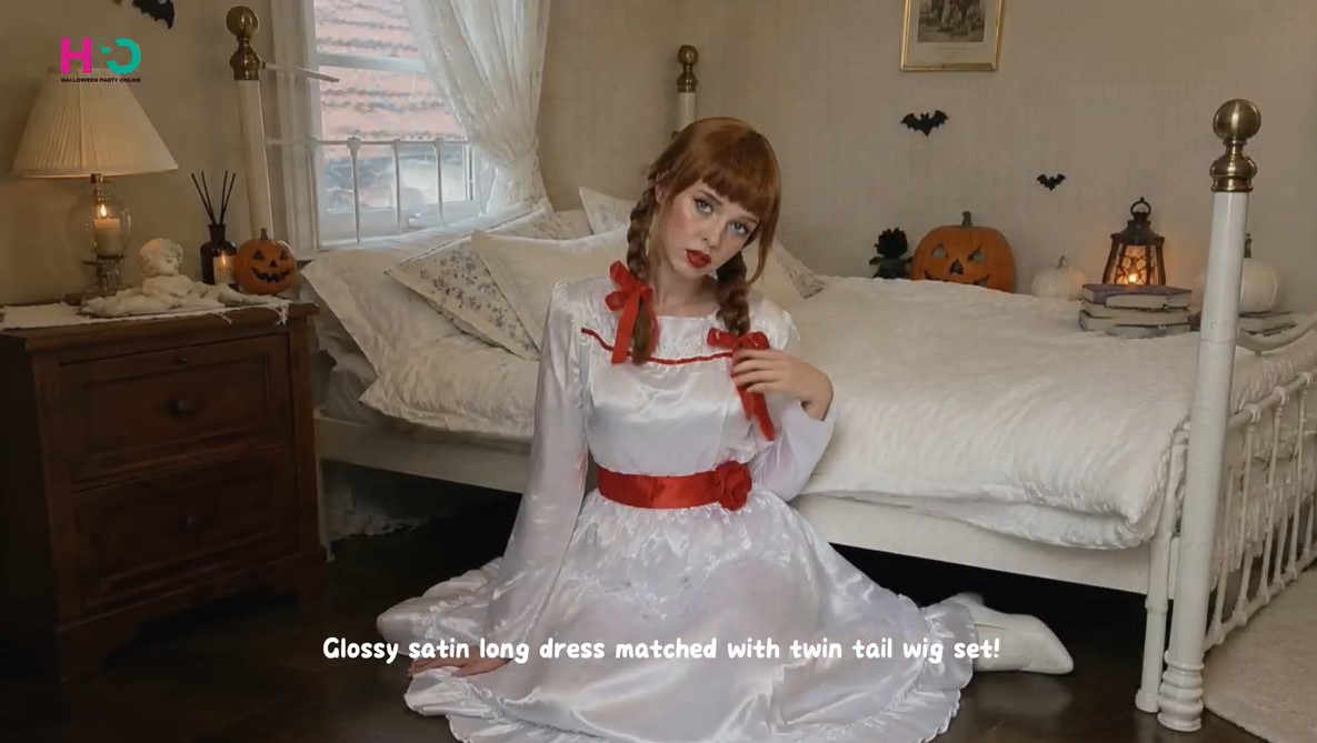 thumbnail video image 2 of Evil Creepy Doll Costume Long Maxi Dress for Women – Satin Horror Fancy Dress Family Halloween Cosplay, 2 of 10