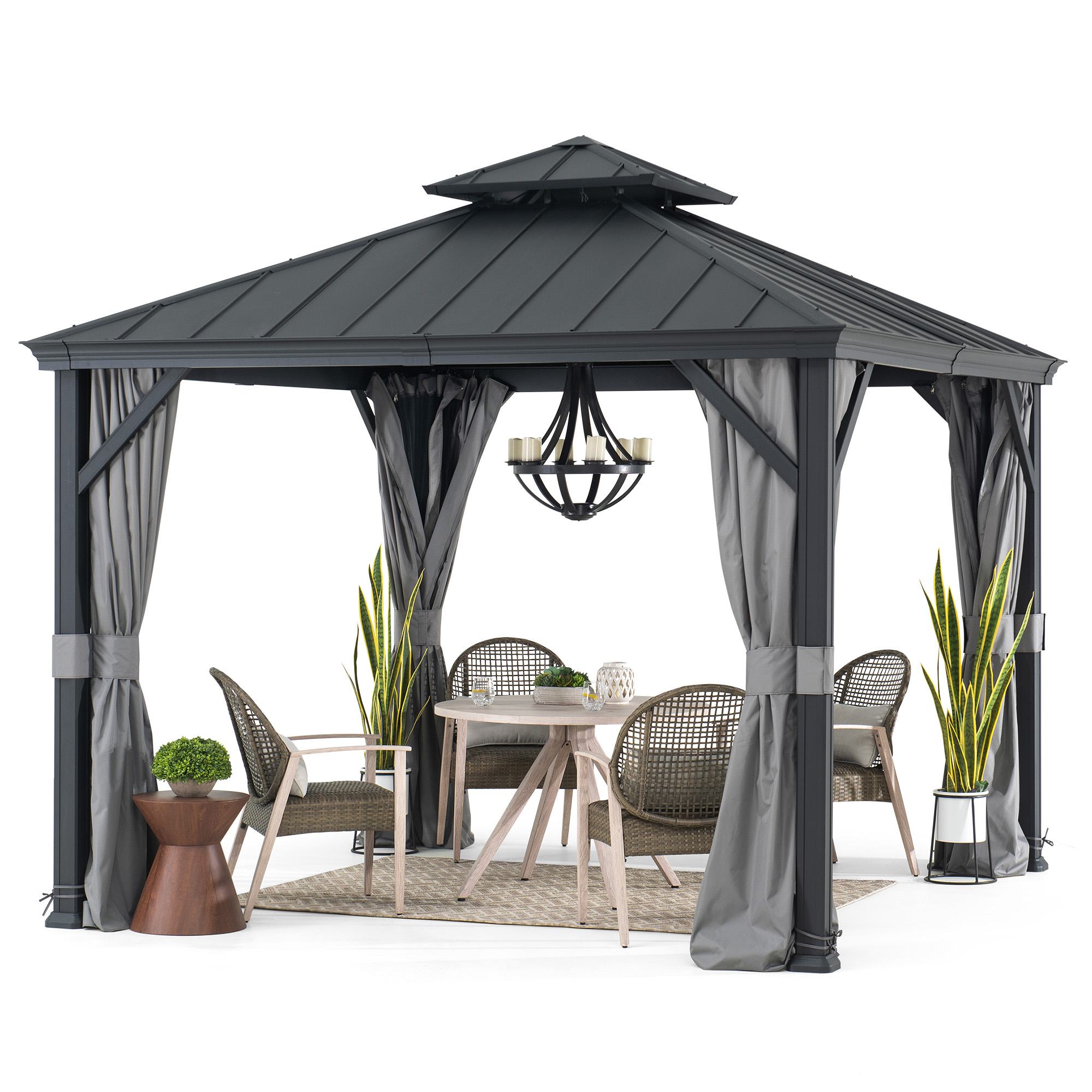 thumbnail video image 2 of Sunjoy 10 ft. x 10 ft. Hardtop Gazebo, Outdoor Patio Aluminum Frame Gazebo with 2-Tier Steel Hardtop Backyard Gazebo with Netting, Curtain, and Ceiling Hook, 2 of 11