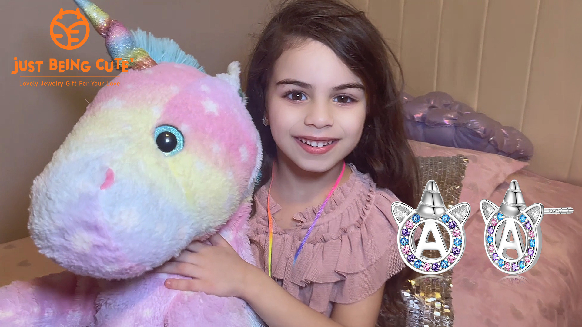 thumbnail video image 2 of Just Being Cute 925 Sterling Silver Earrings for Girls Women, Initial Cubic Zirconia Stud Earring Unicorn Alphabet Letter G Stud Jewelry Gifts for Birthday Christmas with Card, 2 of 9