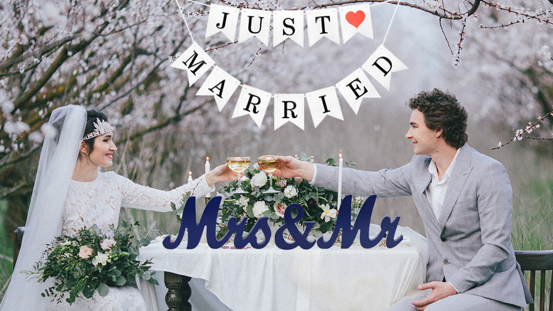 thumbnail video image 2 of Dark blue Mr and Mrs Signs with Just Married Banner, Wooden Freestanding Letters for Photo Props, Rustic Dec, 2 of 14