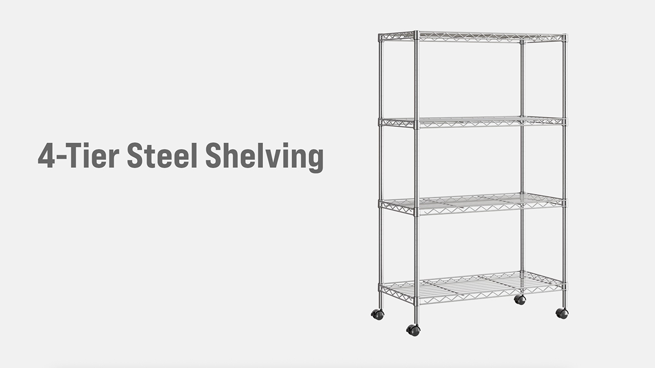 thumbnail video image 2 of Seville Classics 4-Tier Steel Wire Shelving with Wheels, 30" W x 14" D x 48" H, Chrome, 2 of 10