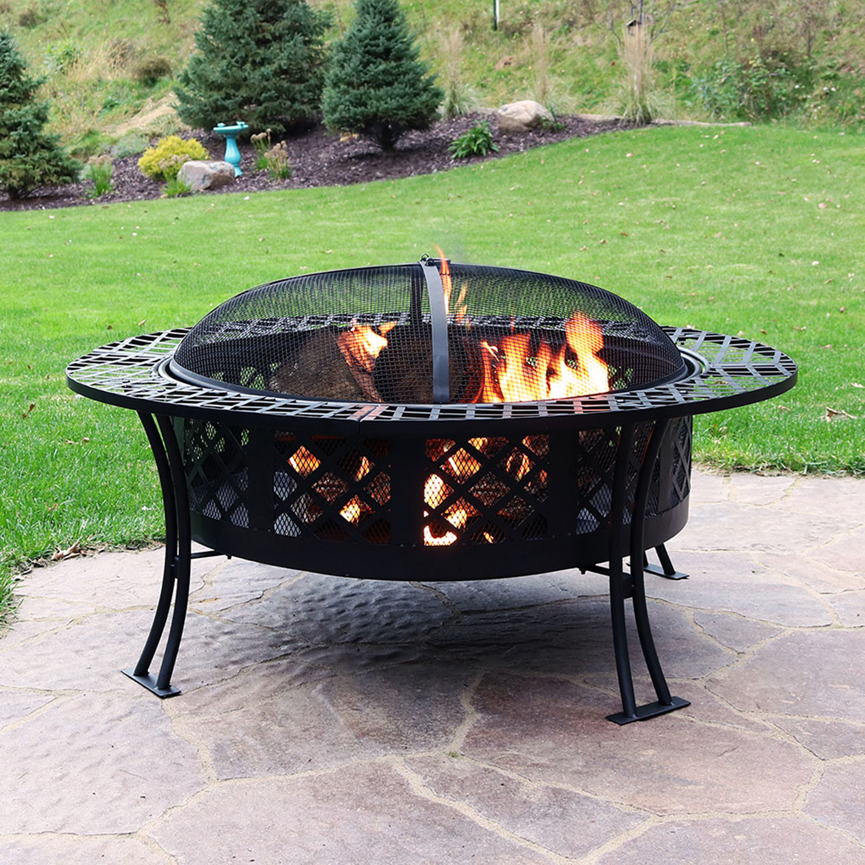 thumbnail video image 2 of Sunnydaze 40" Round Wood-Burning Black Finish Steel Diamond Weave Fire Pit Table with Screen, 2 of 15