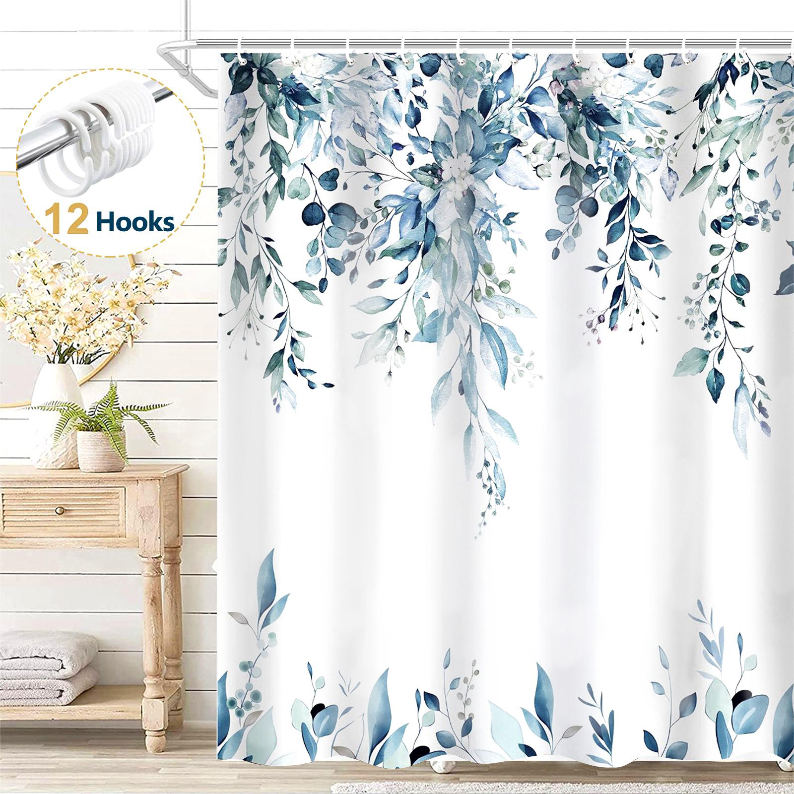 thumbnail video image 2 of Dznils Blue Eucalyptus Fabric Shower Curtain, Watercolor Floral Pattern with Hooks, 72" x 72", 2 of 12