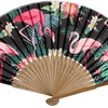thumbnail video image 2 of 1pc Hand Fan Flamingo Foldable 23cm 9inch Black Background Bamboo Rib and Slender Cotton Pouch, 2 of 7