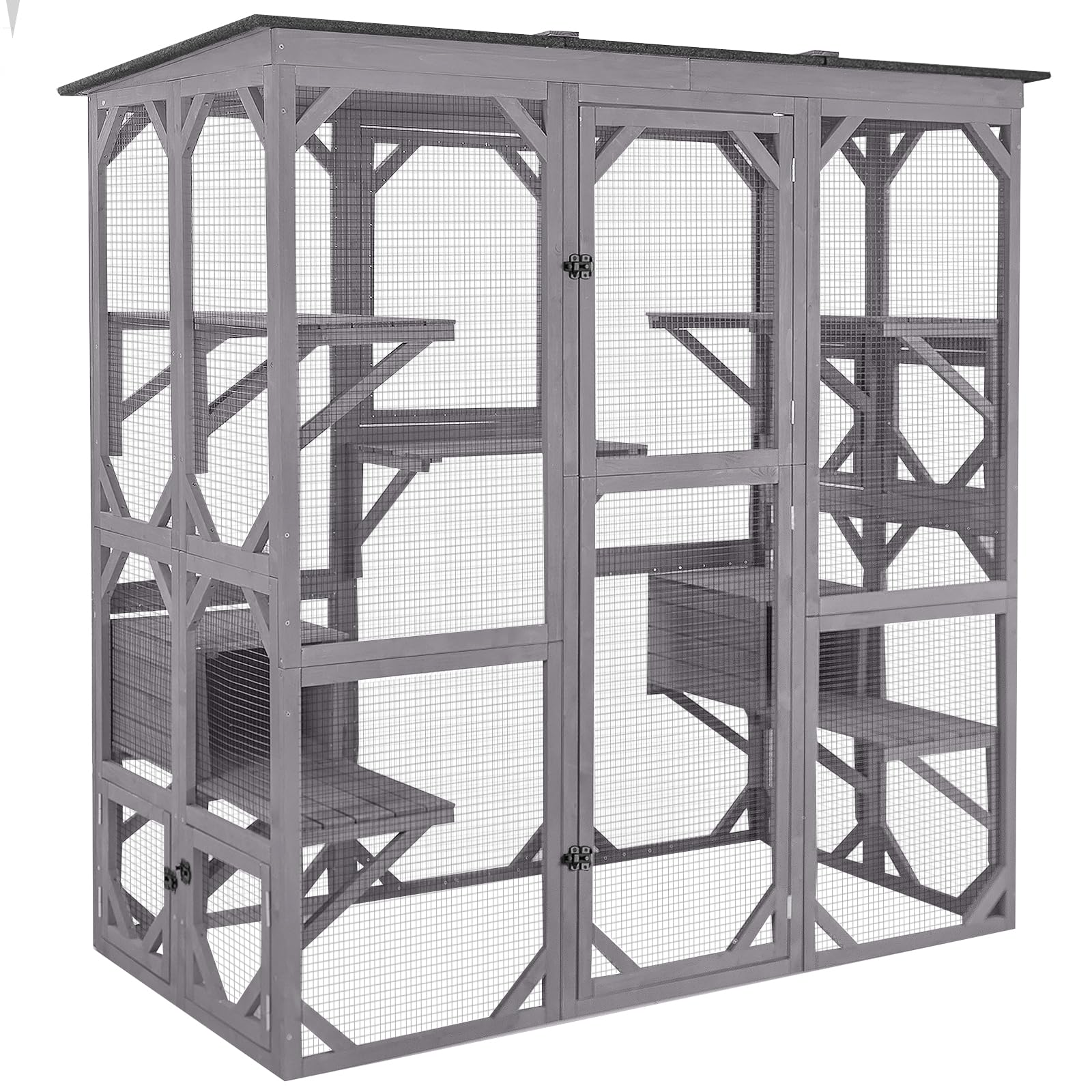 thumbnail video image 2 of Aivituvin Cat House Outdoor Catio Kitty Enclosure with Super Large Enter Door,Wooden Cat Cage Condo Indoor Playpen with Platforms, 71 Inch, 2 of 6