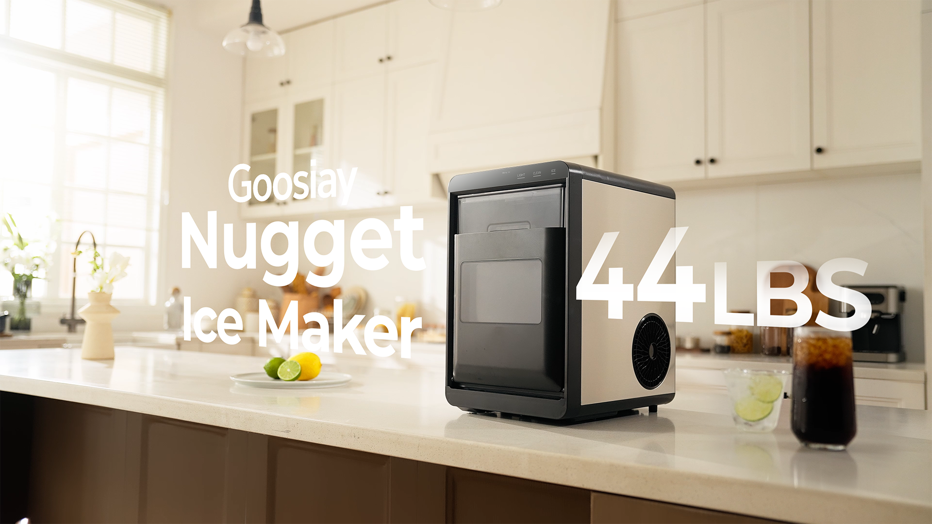 thumbnail video image 2 of Goosiay Nugget Ice Maker Countertop, 44lbs per Day Portable Pebble Sonic Ice Machine with Soft Chewable Ice for Home, Kitchen, Office, RV, Camping, Stainless Steel, Black, 2 of 12