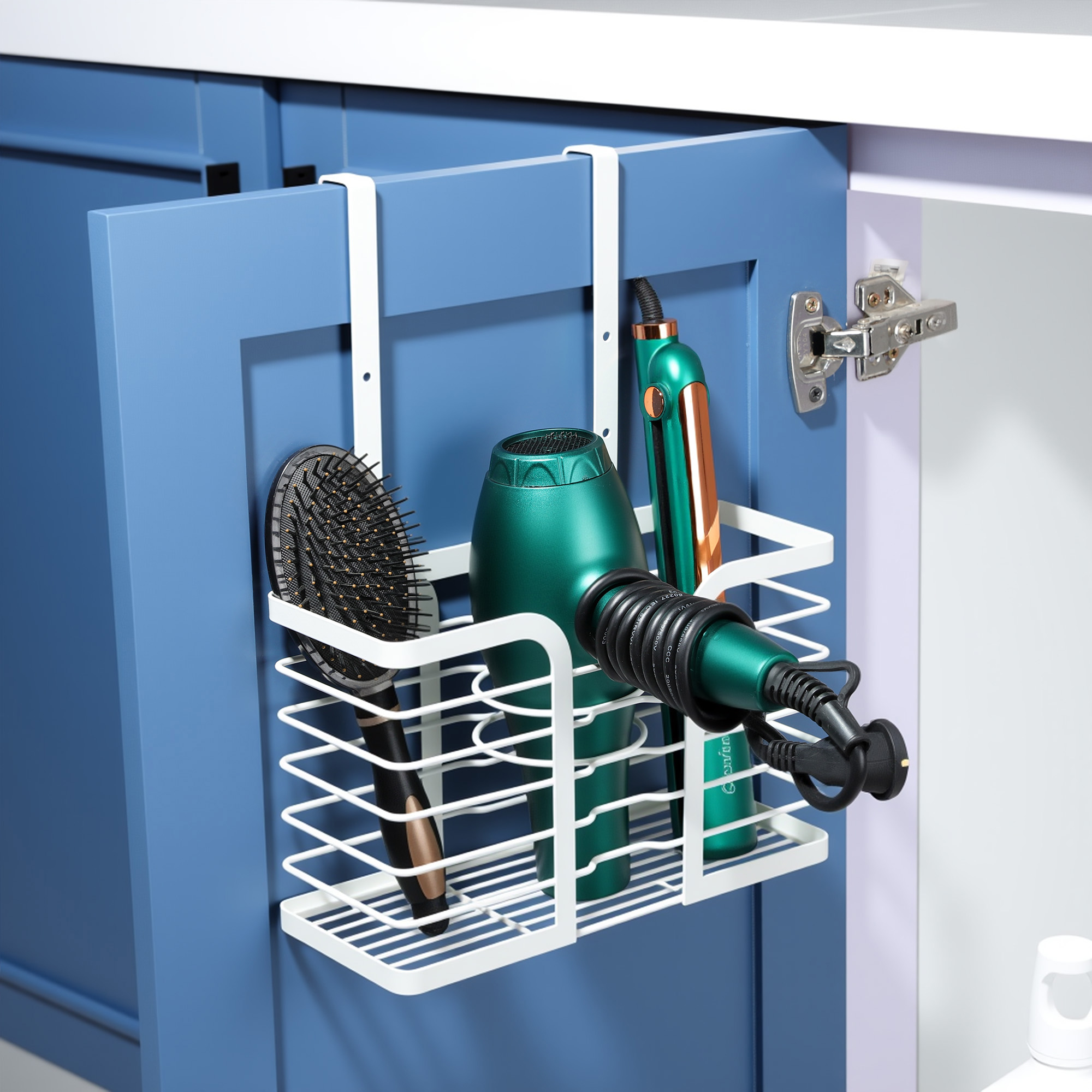 thumbnail video image 2 of YIGII Hair Dryer Holder Adjustable Height - Hair Tool Organizer White Bathroom Hot Styling Tools Storage Wall Mounted/Cabinet Door, 2 of 7